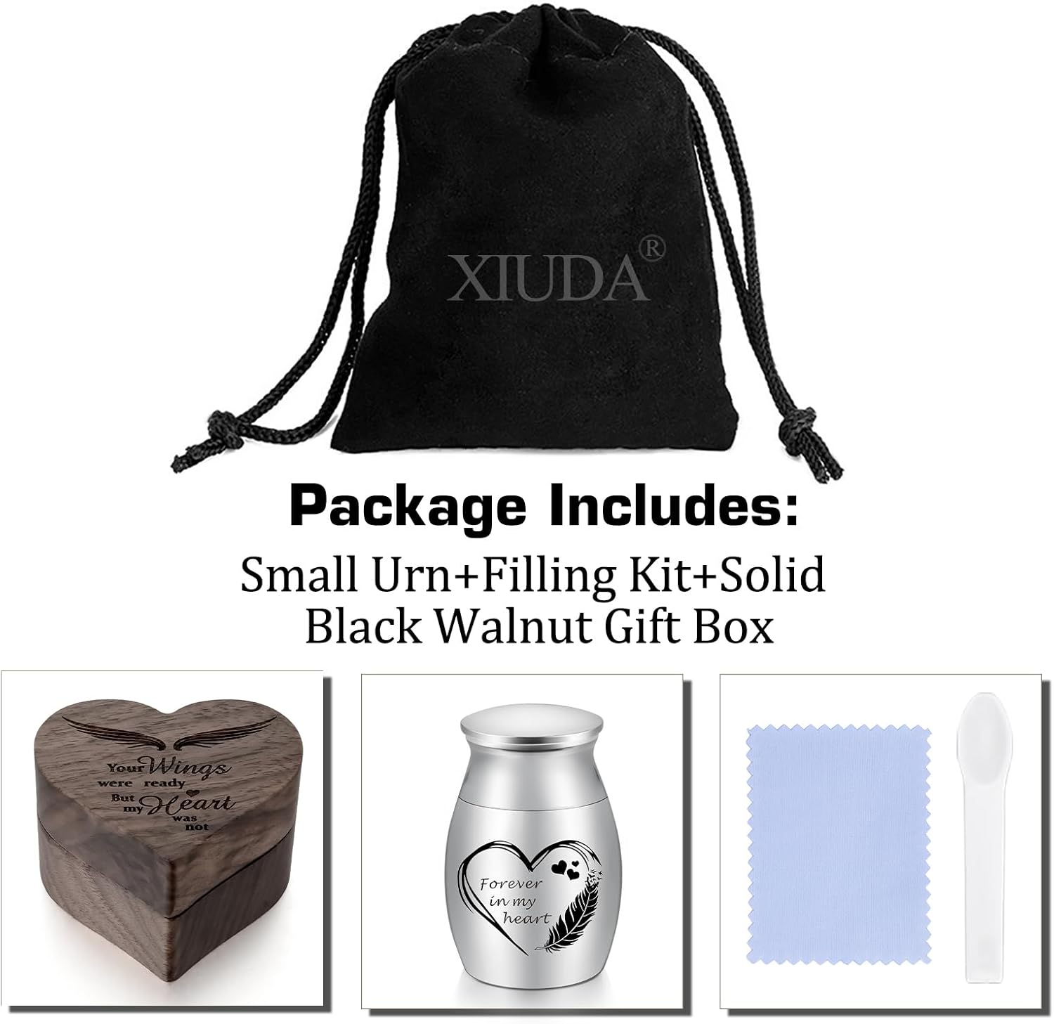 XIUDA Wooden Mini Memorial Small Urns for Ashes Stainless Steel Cremation Mini Urn with Black Walunt Box Funeral Heart Wings Keepsake Urn for Ashes - Image 7