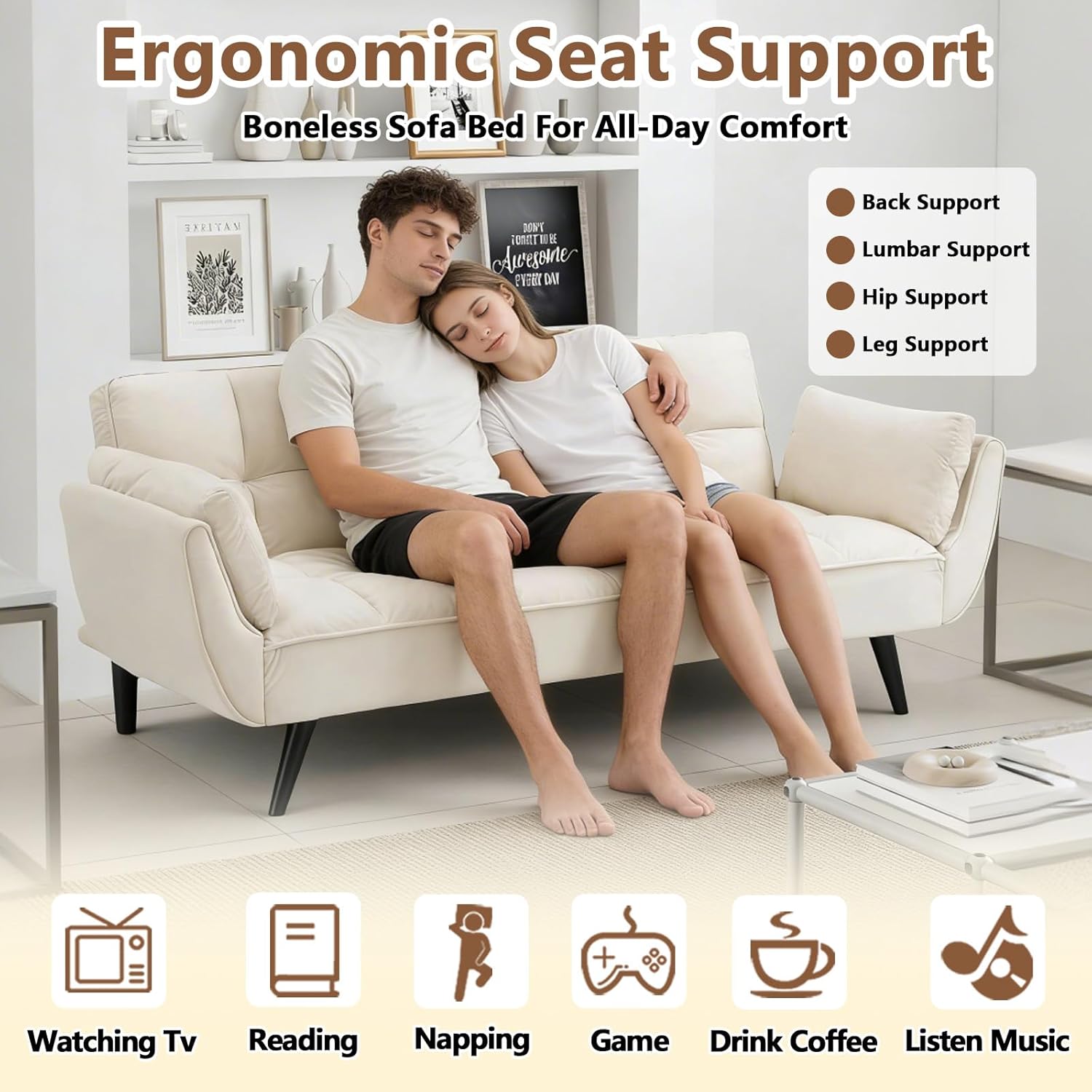 Convertible Folding Sofa Bed Futon,Modern Velvet Sleeper Bed Couches with 4 Adjustable Backrest Armrest,74"Comfy Recliner Sofa Loveseat with Chrome Legs for Living Room Apartment Small Home (Beige)