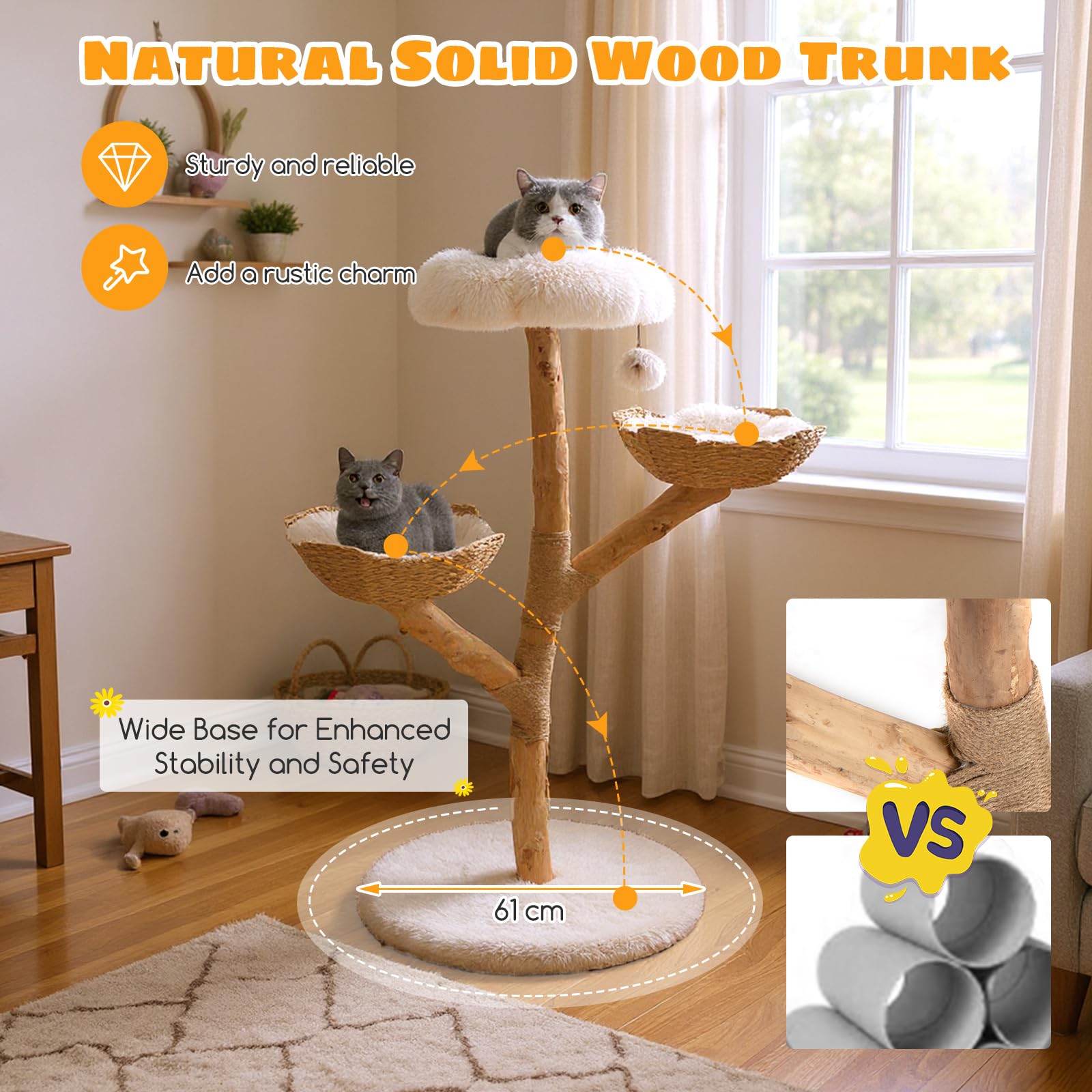 COSTWAY Rascador para Gatos, Árbol para Gatito Moderno de Madera Maciza, 122 cm Torre Gatos Rascador con Plataforma Forma de Flores, 2 Nidos con Cojines, Poste de Yute, Bola Colgante, Blanco y Natural
