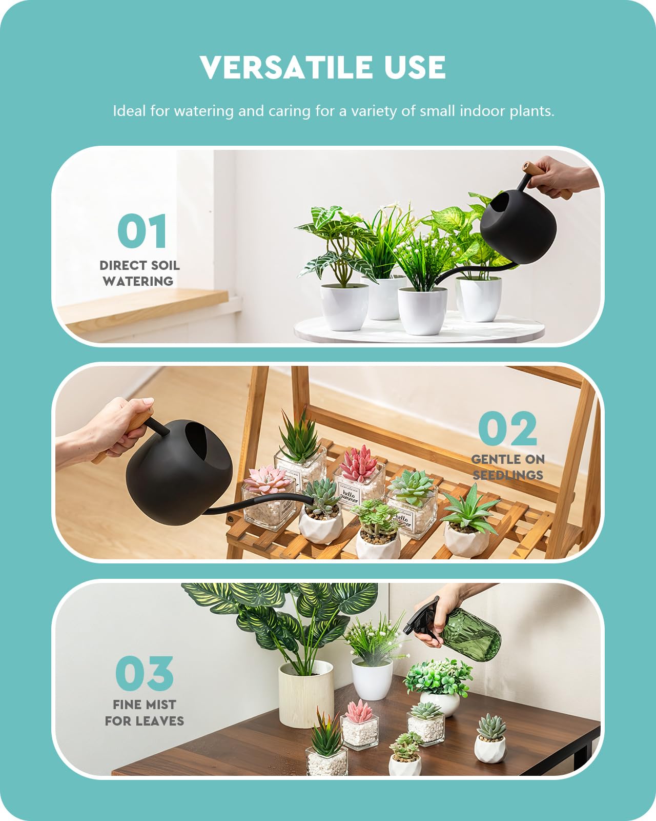 Baffect Ensemble d'arrosoir pour plantes d'intérieur comprenant un arrosoir en métal de 1,2 l à long bec et un flacon pulvérisateur en verre foncé de 382,7 g, un flacon pulvérisateur d'eau avec buse