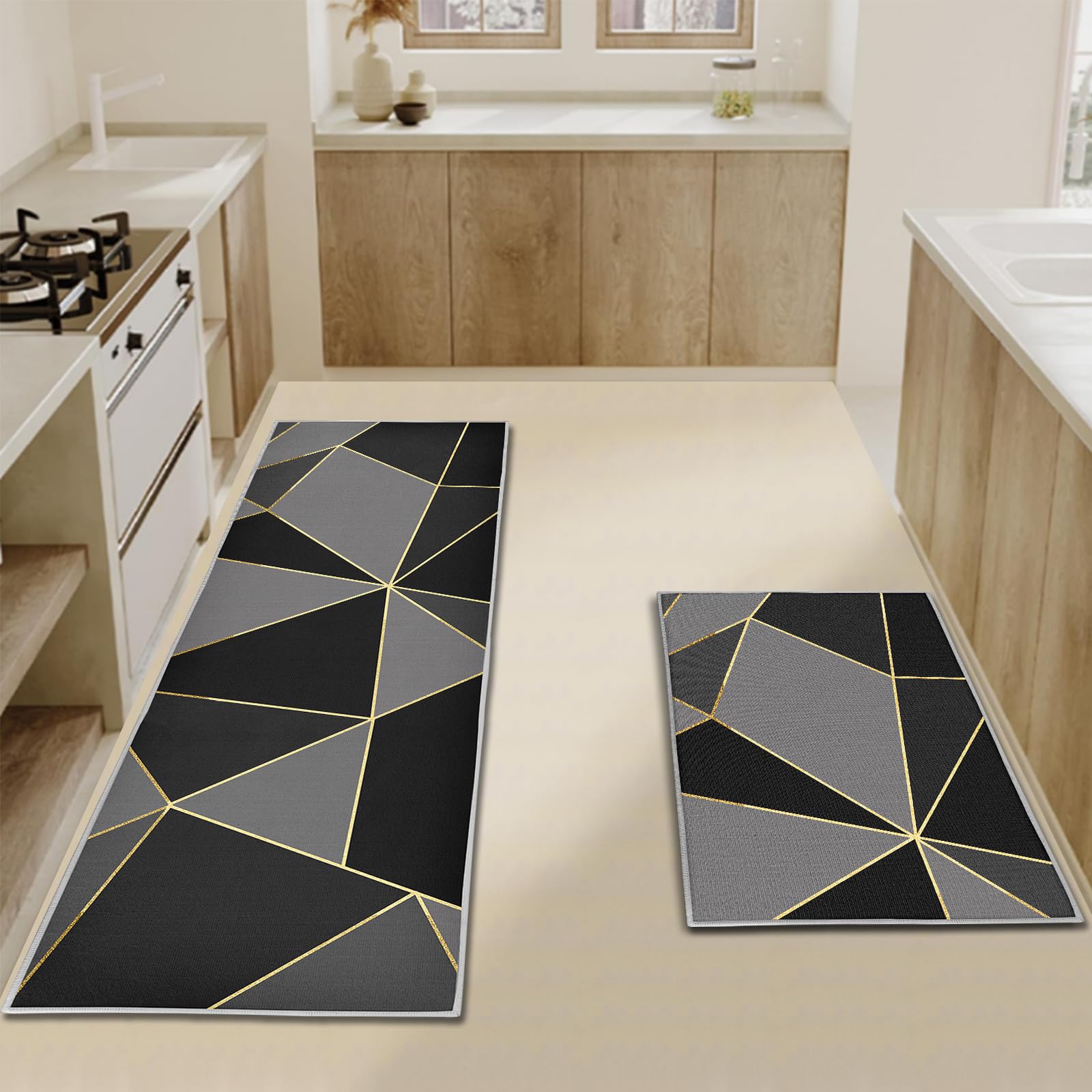 Set di 2 tappeti da cucina, Geometria passatoia cucina,tappeto cucina antiscivolo lavabile per cucina, lavanderia, soggiorno (Geometrico, 43x150cm+43x75cm)