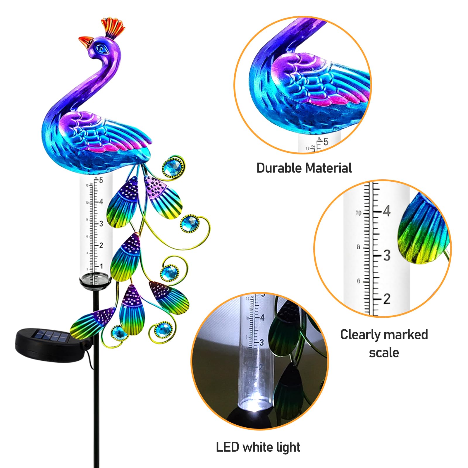 BYZESTY Pluviometre Exterieur Jardin avec LED,H 102CM Pluviomètre pour Jardin,Pluviomètre De Jardin en Verre,Pluviomètres en Verre pour Pelouse,Patio,IP55,Energie Solaire,Jardin,Cour,Terrasse