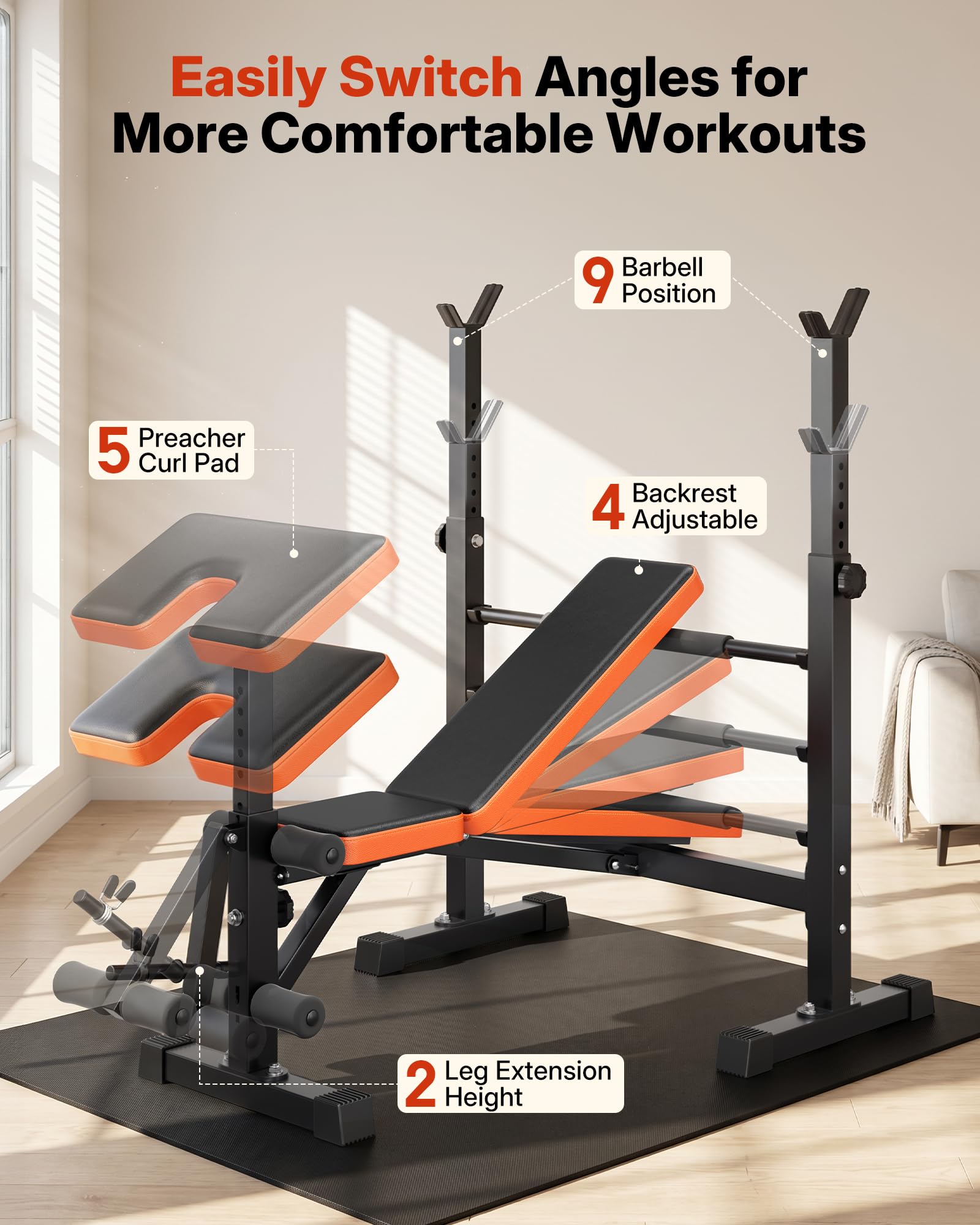 YOLEO Beginner Weight Bench Set, Adjustable Foldable Bench Press with Rack | 6 In 1 Beginner-friendly Setup, FID Adjust, Fits 5-6 ft Olympic Bars