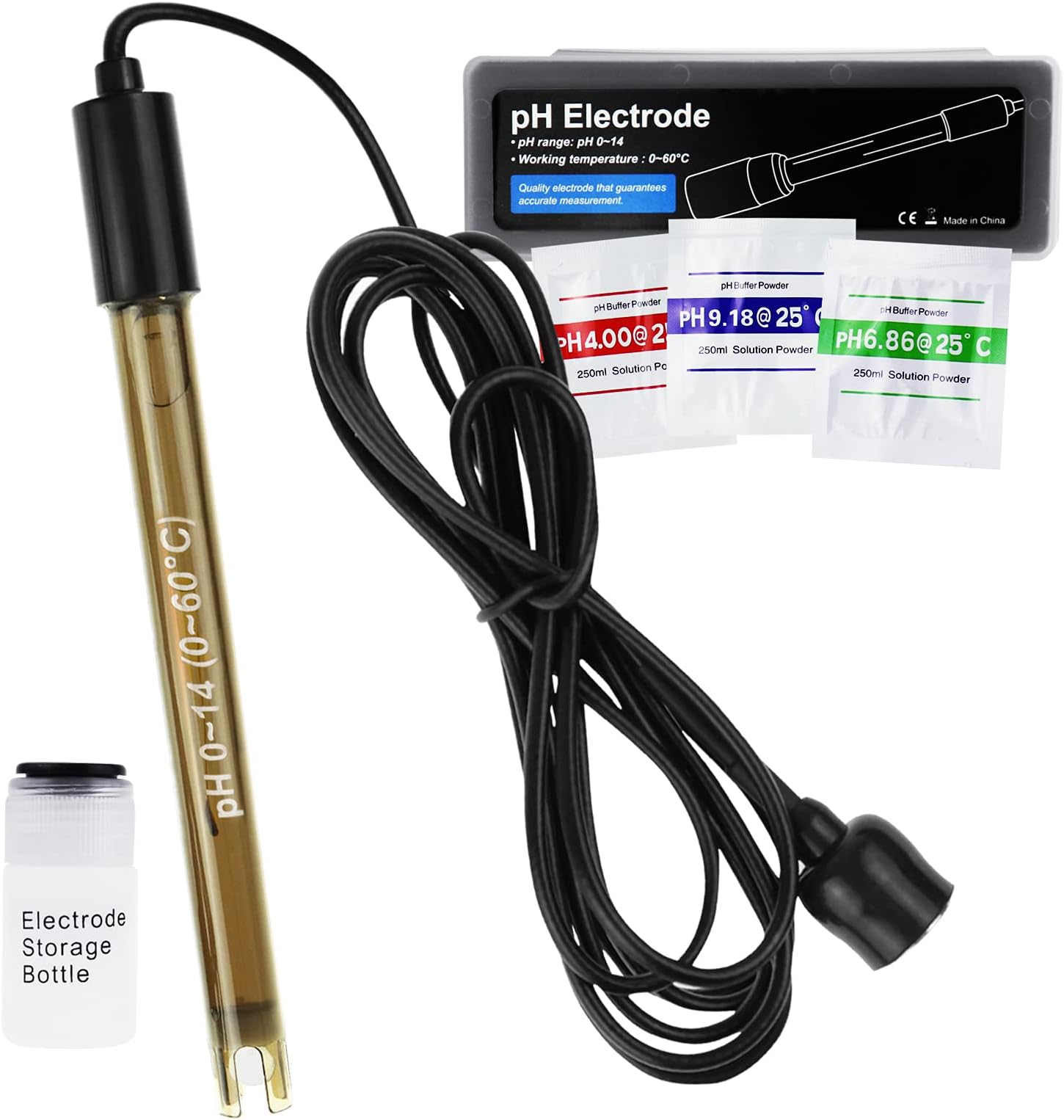 GAIN EXPRESS Replacement pH Electrode with Calibration Powder, 0-14 pH Highly Accurate Probe with BNC Connector & 200cm Cable for Continuous Liquid Measurement