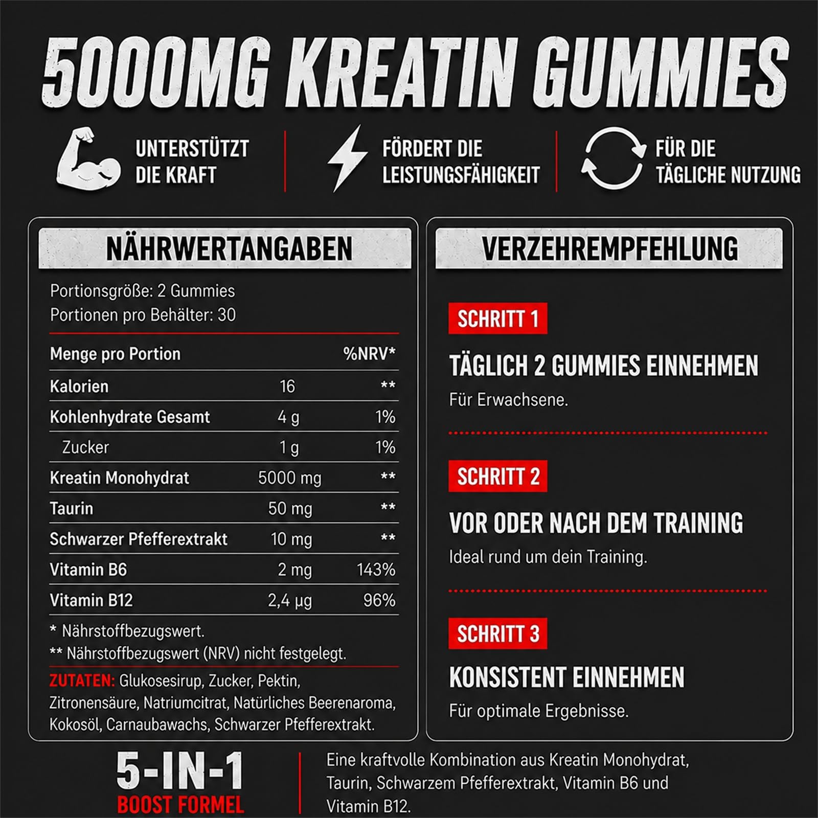 Creatin Monohydrat Gummibärchen 5000mg, Hochdosierte Kreatin mit Taurin, Vitamin B12 & B6, Alternative zu Kreatin Kapseln & Pulver, Vegan, Beerengeschmack (60 Stück (1er Pack))