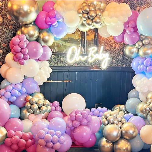 Miniatura 7 de ADOINBY Kit de arco de globos de color rosa y morado, 140 piezas de guirnalda de globos color lavanda metálico morado macarrón rosa claro con globos