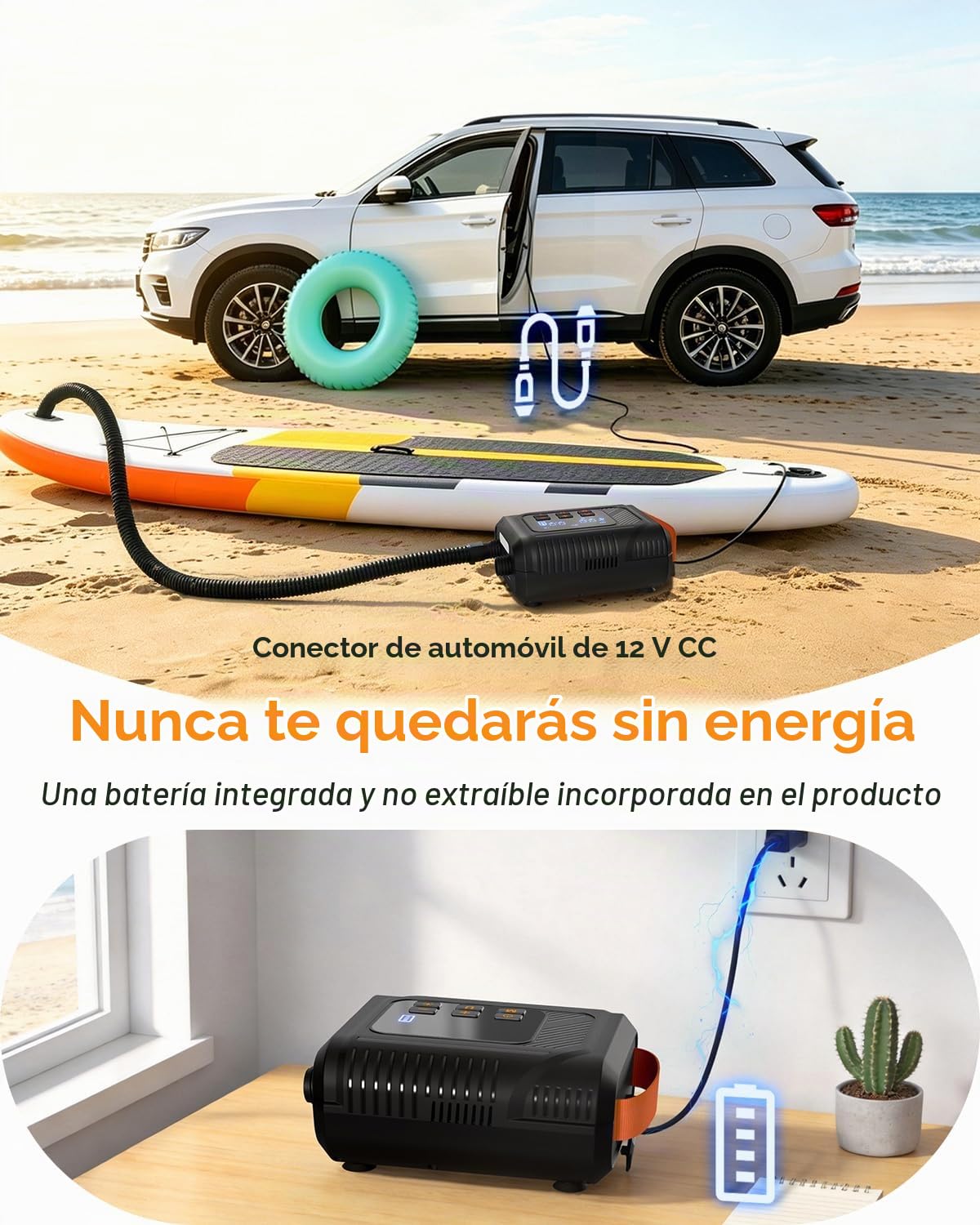 Bomba Eléctrica 20 PSI para Sup - Bomba Inteligente Recargable con Conector 12V, Inflado/Desinflado con Parada Automática - para Paddle, Kayak, Carpas, Colchonetas de Aire, Juguetes de Piscina