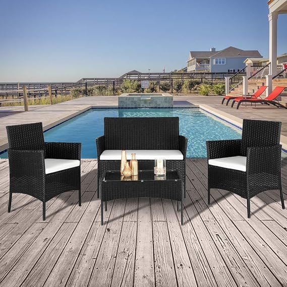 4 Pieces Outdoor Patio Furniture Set,All-Weather Rattan Outdoor Conversation Sofa Set,Wicker Bistro Conversation Set,with Glass Coffee Table & Cushion,for Garden, Porch, Poolside, Backyard (Black)