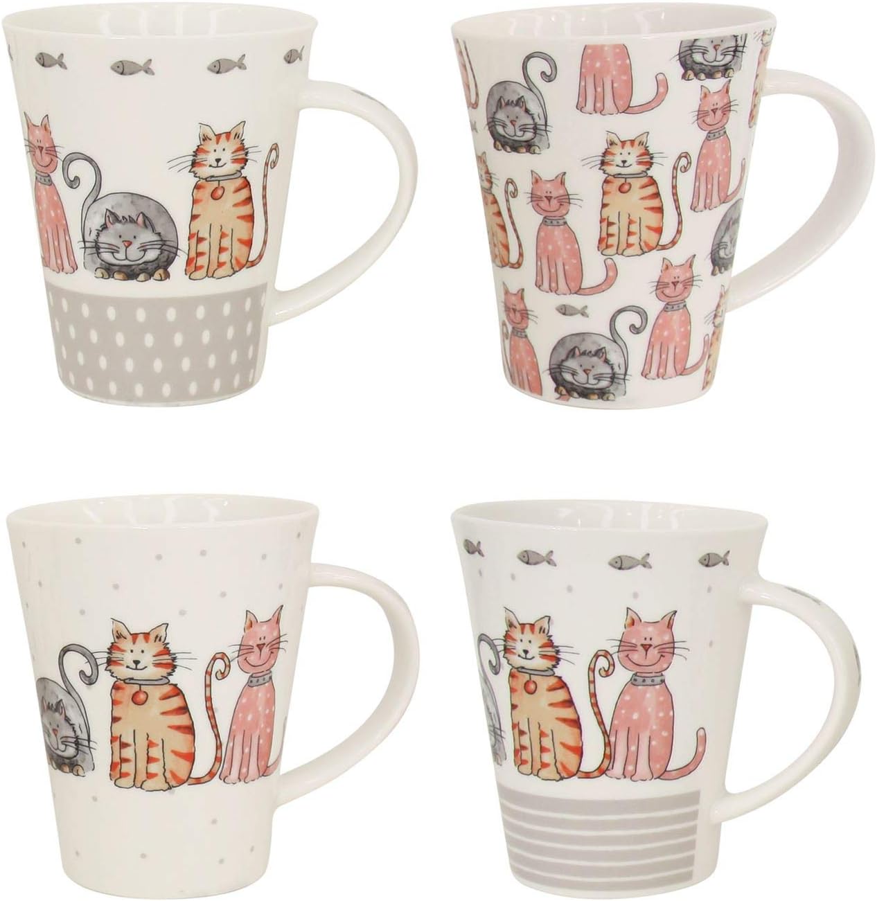 XS Stock Set of 4 Cat Design Print Coffee Mugs Tea Cups Home Kitchen Accessory Gift Microwave Dishwasher Safe Porcelain 13oz