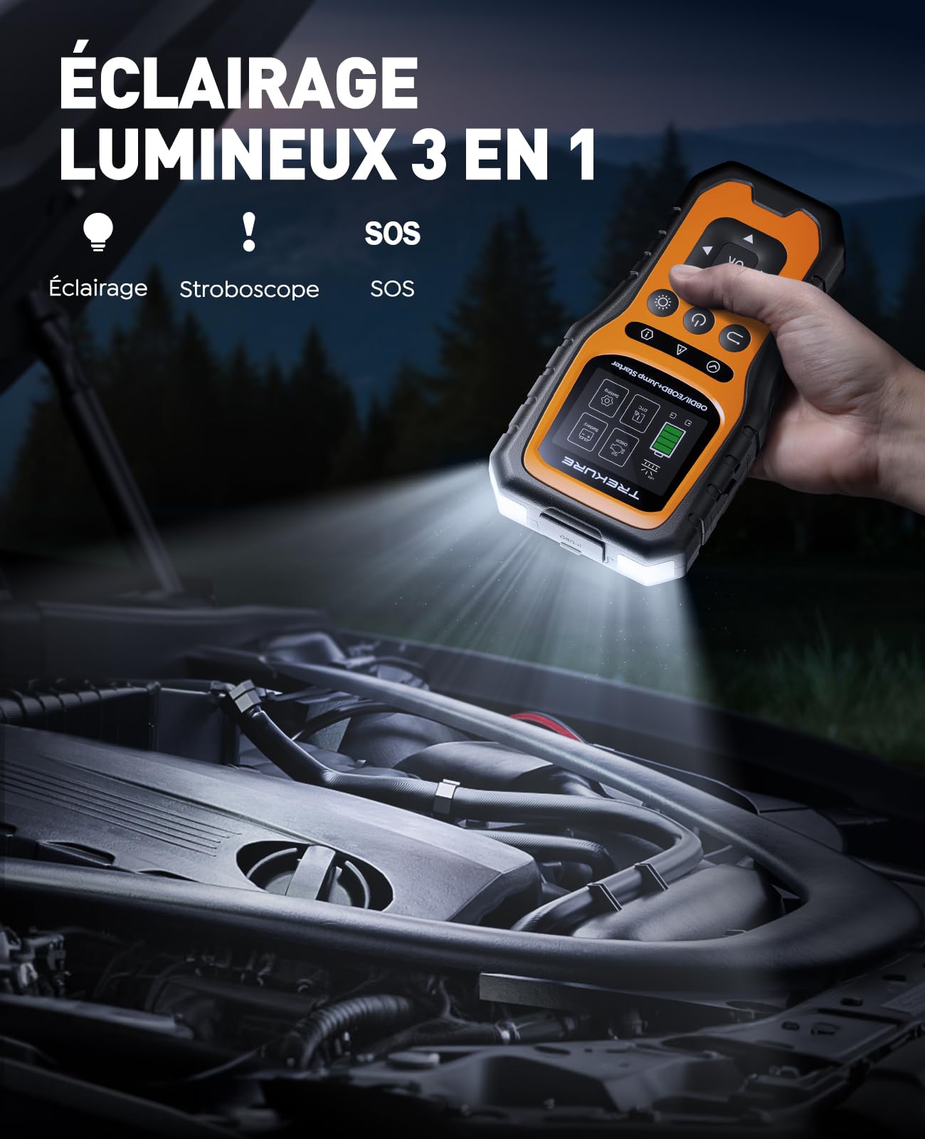 Booster Batterie Voiture avec OBD2 Diagnostic, 7000A Démarreur Voiture(Tous Gaz ou 10.0L Diesel), OBD Diagnostique Français avec Tests de Tension, Booster avec Diagnostic OBDII, Écran, Pince, LED