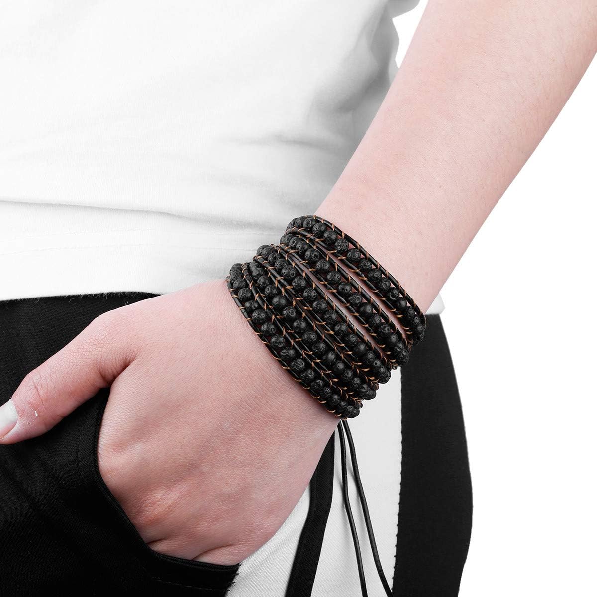Nupuyai ハンドメイド レザー ビーズ ストーン ラップ ブレスレット コレクション ユニ, one size, 石材 金属