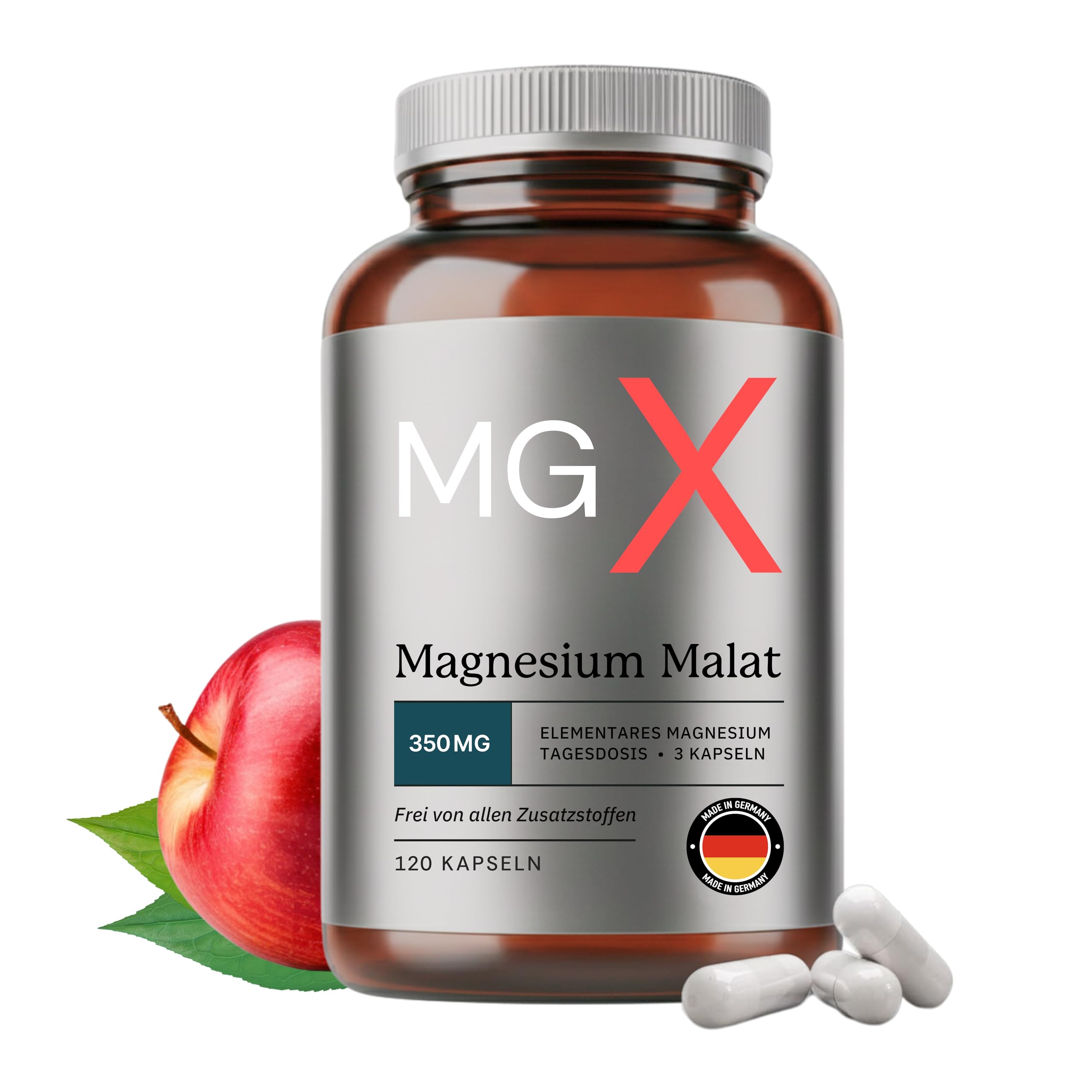 MGX® Magnesium Malat Kapseln – 120 Stück im Glas – pures Magnesiummalat ohne Zusätze – vegan, optimal bioverfügbar – in Deutschland produziert & laborgeprüft