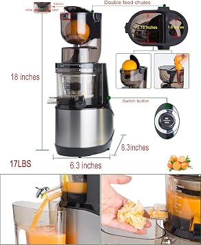 Masticating Juicer,Whole Slow Juicer Extractor by Vitalisci,Cold Press Juicer Machine,Anti-Oxidation for Fruit and Vegetable,Easy to Clean and BPA Free,(300W AC Motor/3.15 Wide Chute/40 RPMs)-Silver