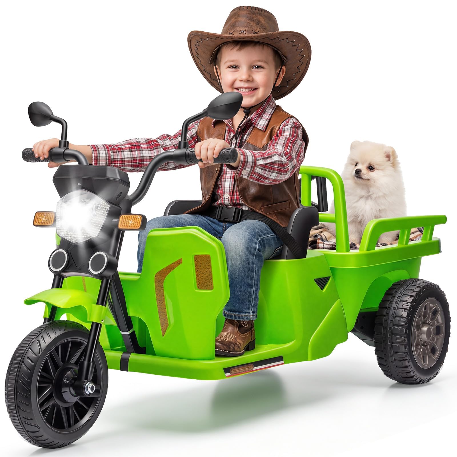 FairyLee 12V Kids Electric Ride-On Trike Motorcycle with Trailer - 3-Wheel Battery Powered Ride On for Ages 3-8 - LED Lights, Music Panel & Horn - All-Terrain Anti-Slip Wheels - Grass Green