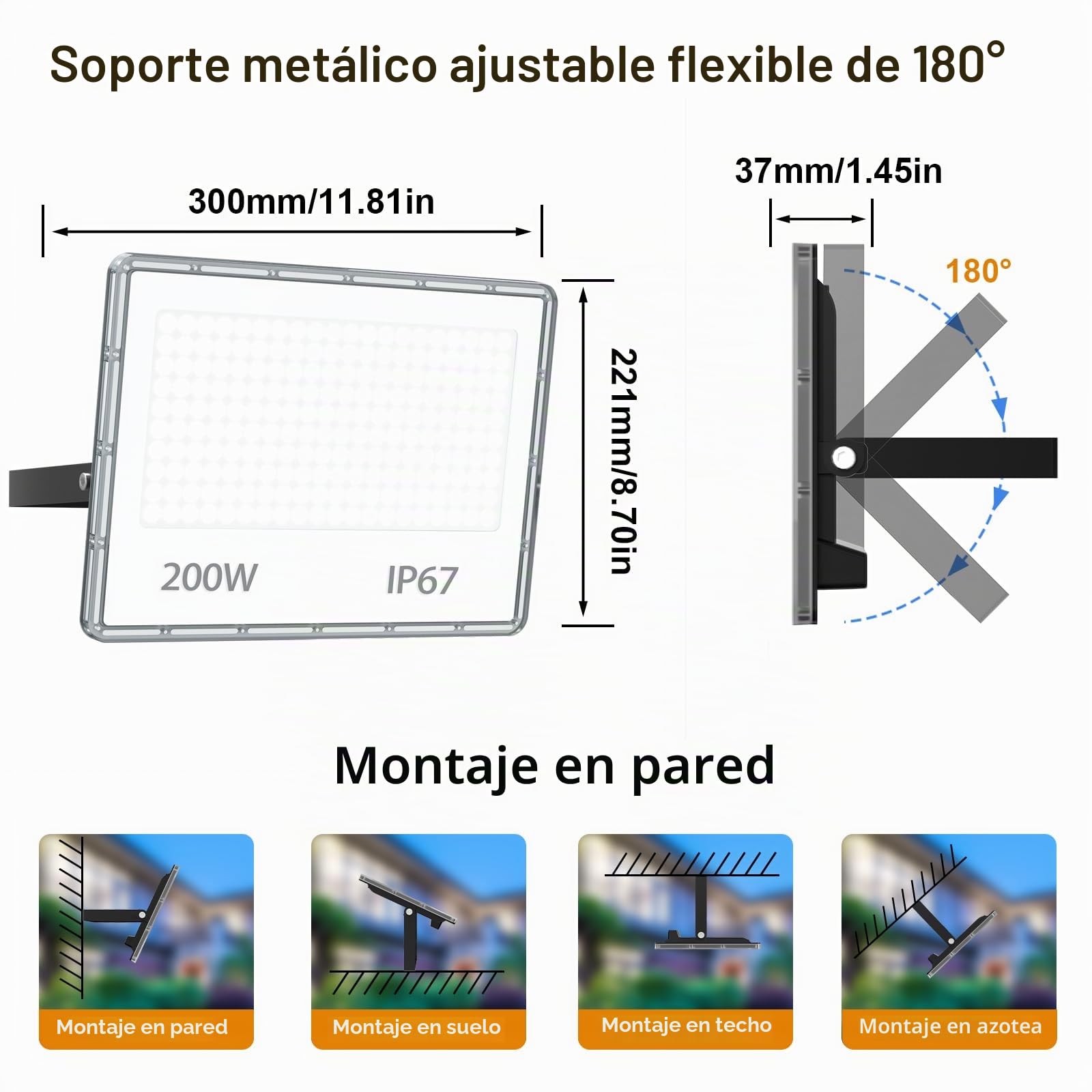 Focos LED Exterior 200W - 20000LM 6500K Blanco Frío Proyector LED Exterior 2 Piezas Impermeable IP67 Focos de Jardin/Patio