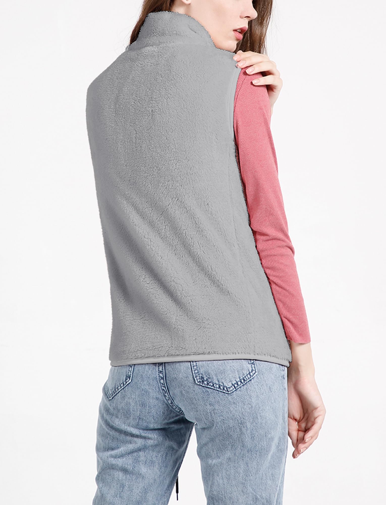 Gilet da donna in pile peloso, casual, caldo, senza maniche, con cerniera, con tasca, per autunno inverno