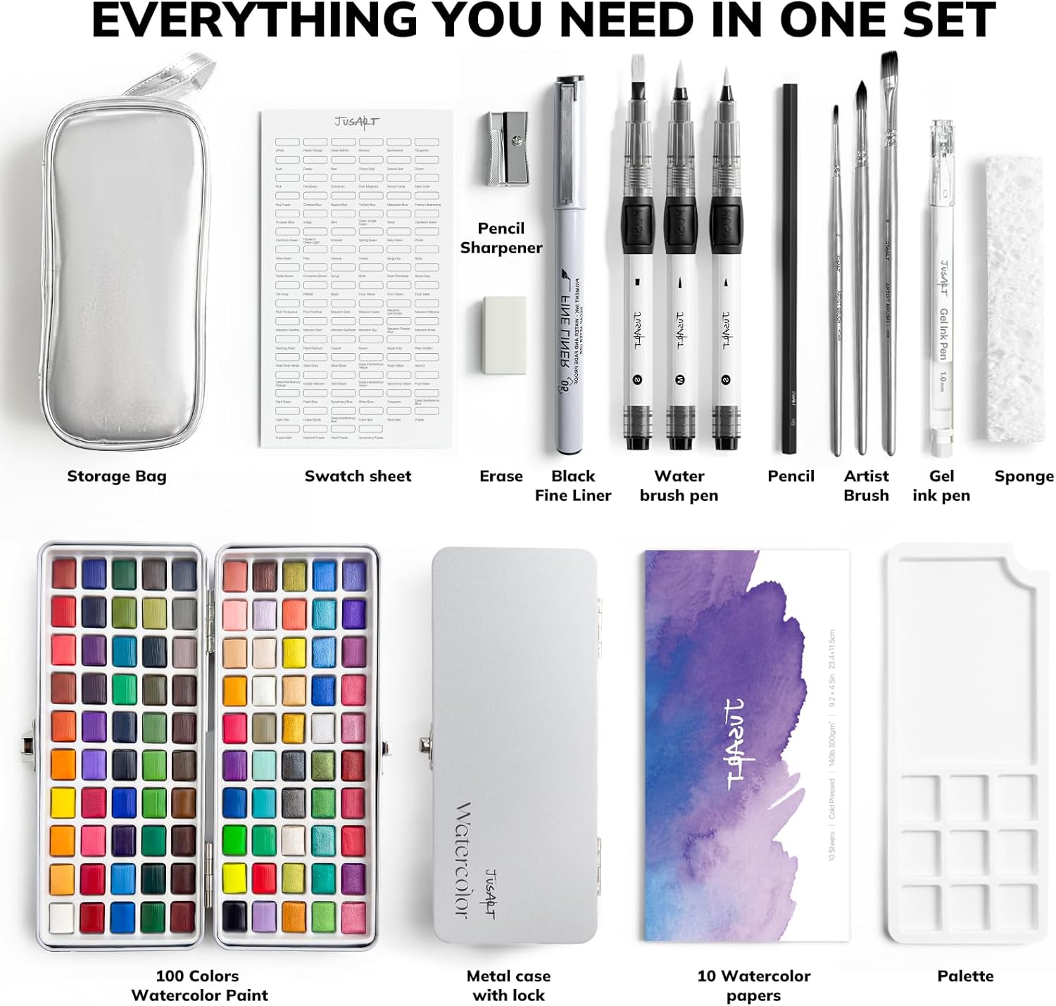 JusArt 100 Colors Watercolor Paint Set,Travel Watercolor Set with Handbag,Art Supplies with Metallic Color, Detail Painting Brushes, Water Brush Pens, Portable Watercolor Supplies for Adult, Artists, Professionals