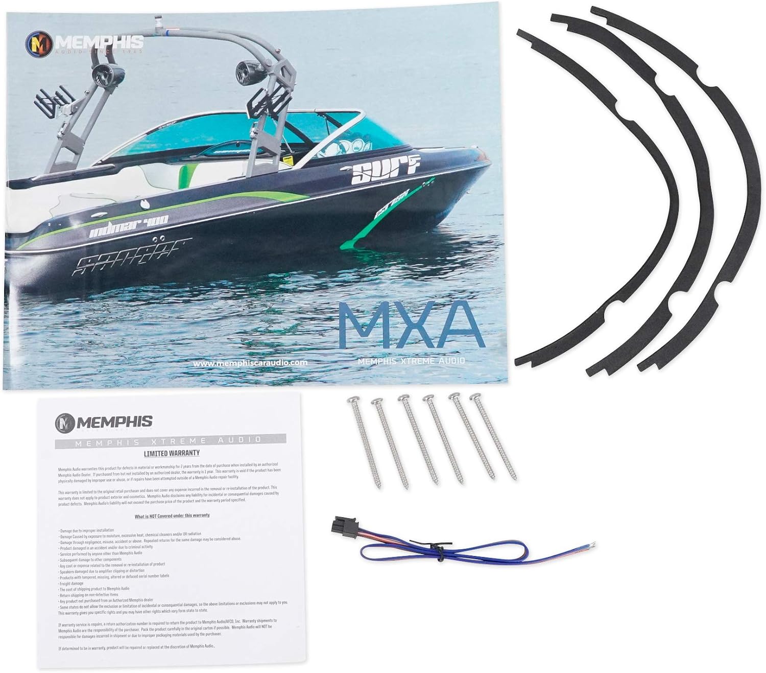 Contents of the Memphis Audio MXA1044 package, including the subwoofer, manual, and mounting hardware