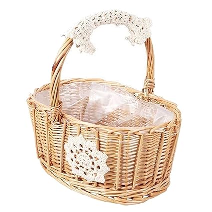 OLOMA Picnic Set, Rattan Basket Practical Rattan Woven Flower Print Storage Basket Braided Design Flower Print Flower Basket