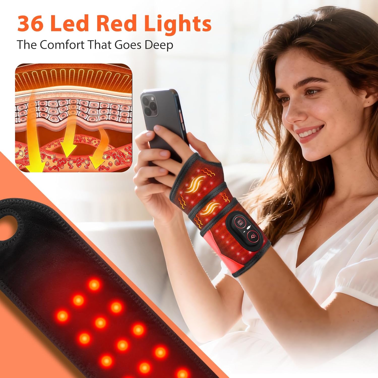 Cordless Wrist Heating Pad with Massage & Red Light, Rechargeable Heated Wrist Brace Wrap for Carpal Tunnel, Arthritis, Wrist Massager for Hand Pain Relief, 3 Heat & Vibration Modes (Black) - Image 4