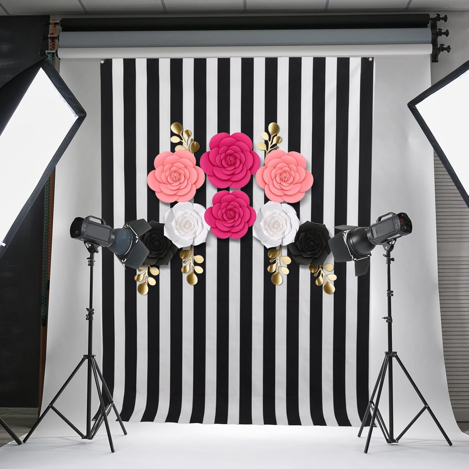 7x5ft White and Black Stripes Photography Backdrops and Large 3D Paper Flowers Decorations for Wall with Gold Leaves for Mexican Festive Wedding Party Decor Photo Studio Props