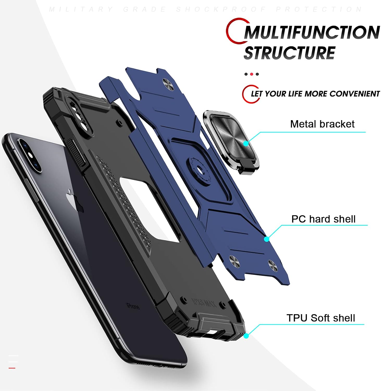LeYi Compatible with iPhone Xs Max Phone Case, with [2 x Tempered Glass Screen Protector] for Men Women, [Military-Grade] Protective Phone Cover Case with Ring Kickstand for iPhone Xs Max 6.5’’, Blue