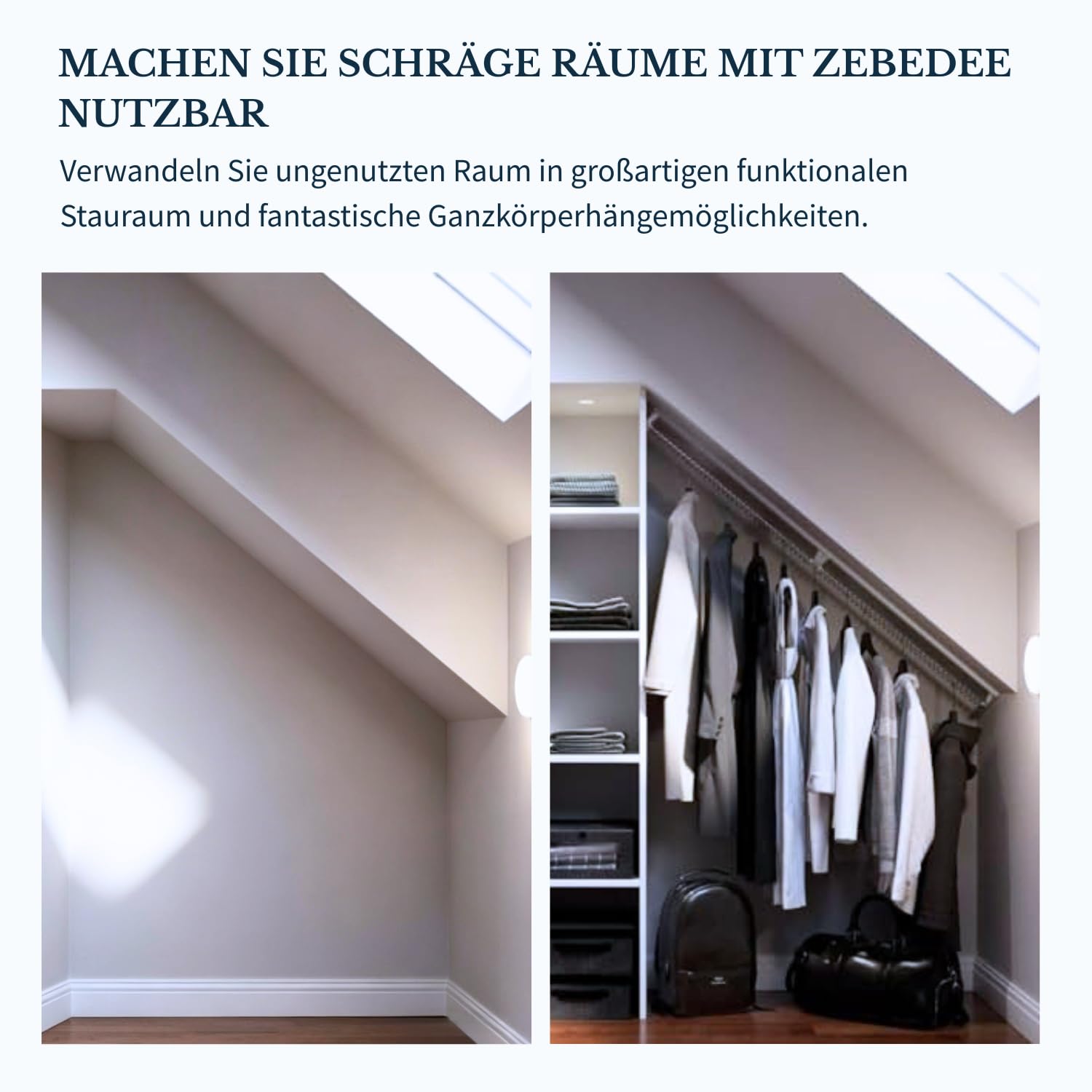Zebedee Any Angle – Geneigte Kleiderstange für schräge Schlafzimmerschränke im Dachgeschoss, unter Dachvorsprüngen, schräge Dachdecken, Stauraum unter Treppen (700 mm)