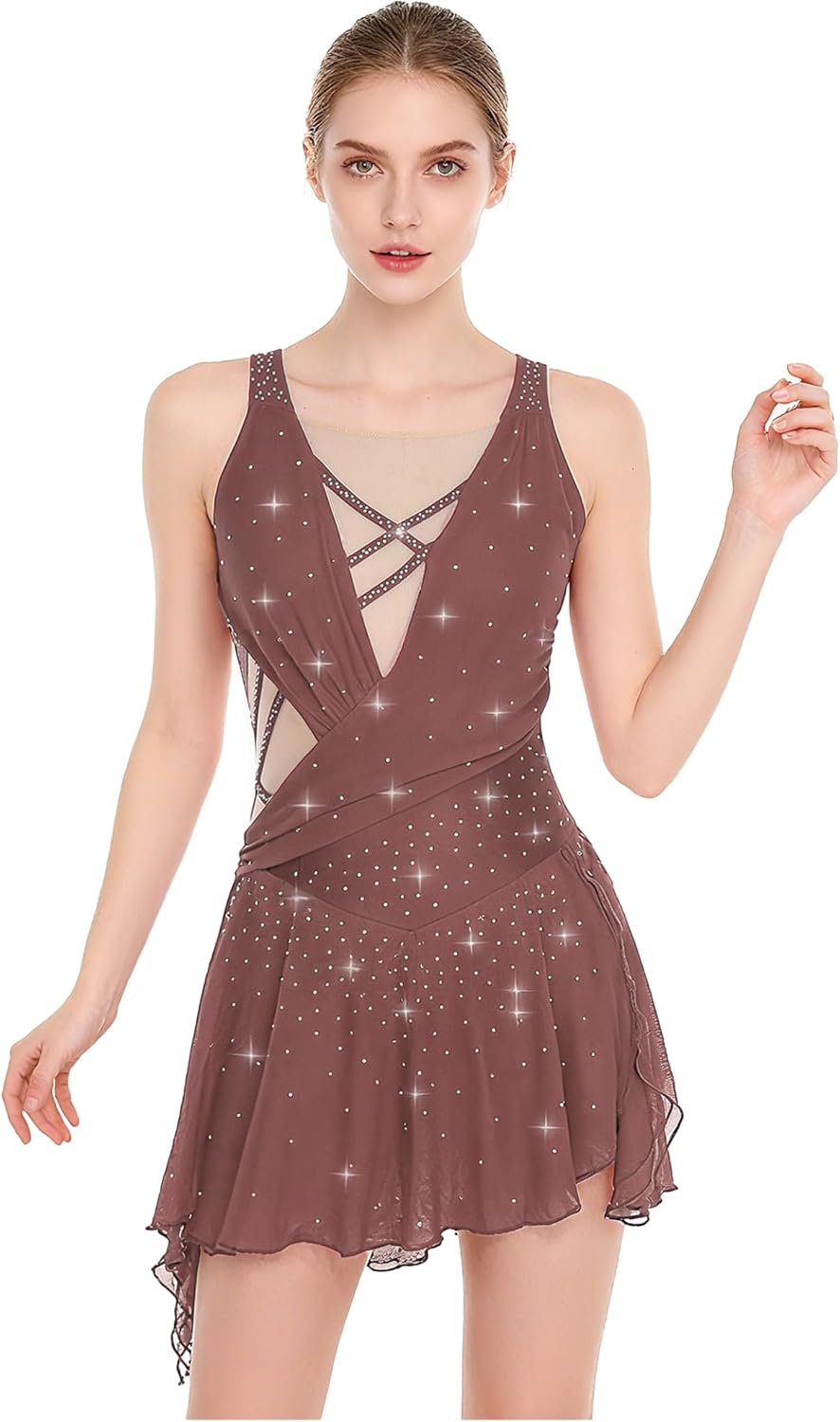 Linjinx Womens Figure Skating Dress Modern Lyrical Dance Costume Ballet Shiny Rhinestone Leotard Dancewear