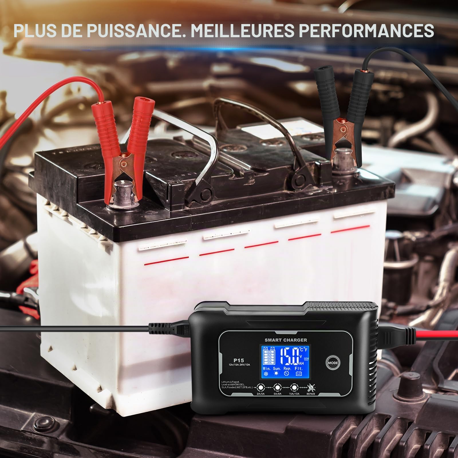 Chargeur de Batterie pour véhicule Automobile 15A, 12V/15A, 24V/10A, adapté aux Voitures, Motos, tondeuses à Gazon et Bateaux avec des Batteries au Lithium, Lifepo4, Plomb-Acide