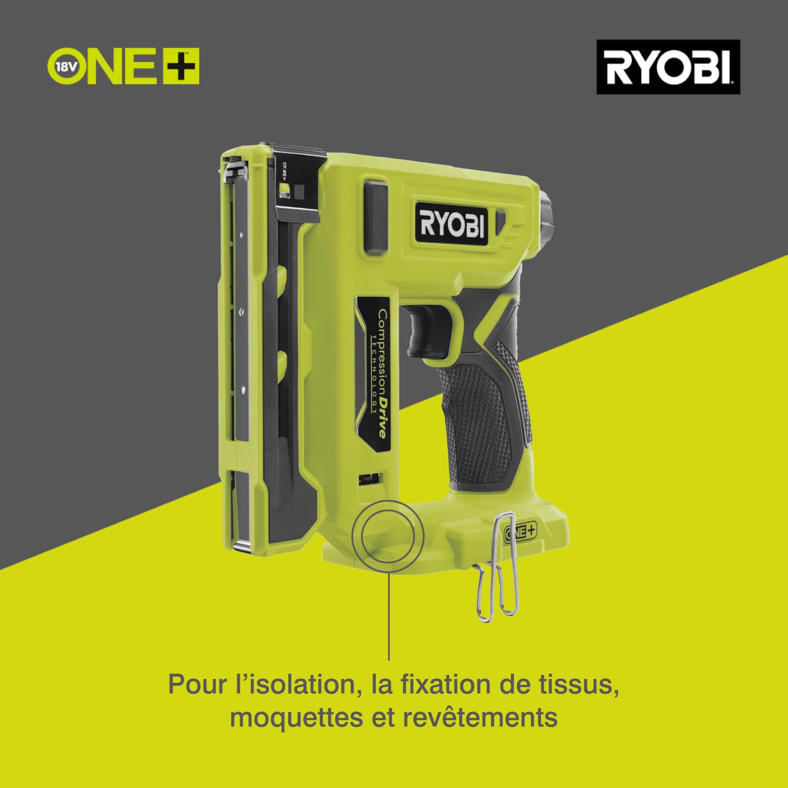 RYOBI - Agrafeuse Sans Fil 18V ONE+ R18ST50-0 – Jusqu’à 90 Agrafes par Charge, Réglage de Puissance, Idéale Tissus, Bois Fin – Batterie Non Incluse