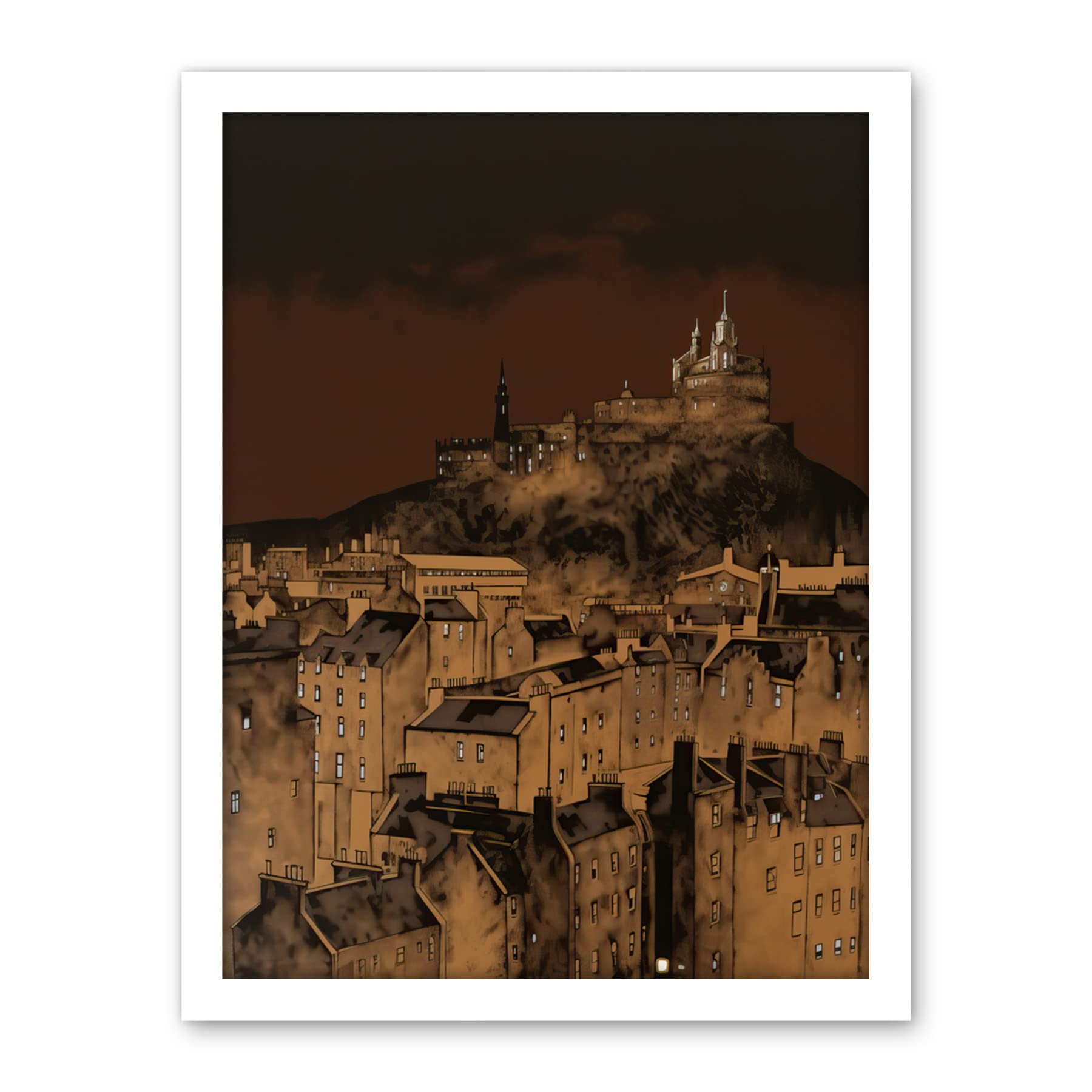 Artery8 Edinburgh Castle Over Old Town Cityscape at Night Artwork Framed Wall Art Print 18X24 Inch