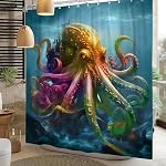 Rideau de douche d'octopus coloré 72x72 Inch Navire nautique Ocean Navy Bleu sous-marin Tentacles Kraken Rideaux de douche Mer Aventure Thème Salle de bain Décor Rideaux en tissu en polyester Set