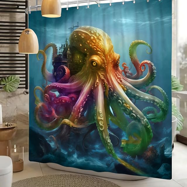 Rideau de douche d'octopus coloré 72x72 Inch Navire nautique Ocean Navy Bleu sous-marin Tentacles Kraken Rideaux de douche Mer Aventure Thème Salle de bain Décor Rideaux en tissu en polyester Set