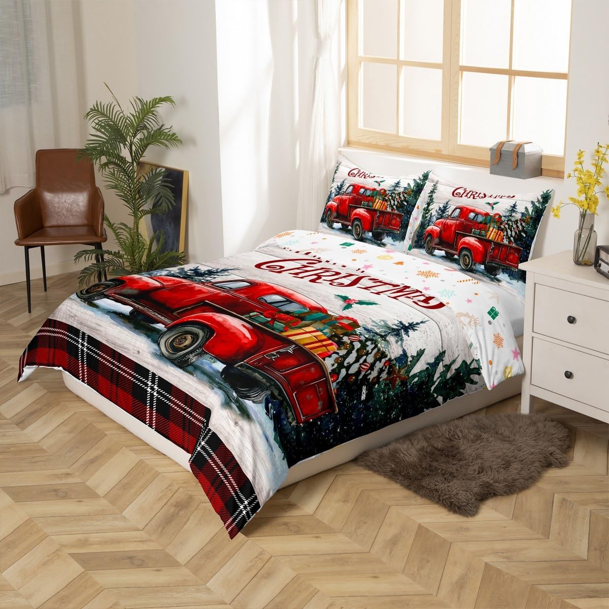 Merry Christmas Duvet Cover Set Twin Size,Vintage Xmas Truck Comforter Cover Red Black Checkered Bedding Set 2Pcs for Kids Girls Boys Bedroom Decor,Rustic Farmhouse Wood Quilt Cover,1 Pillowcase