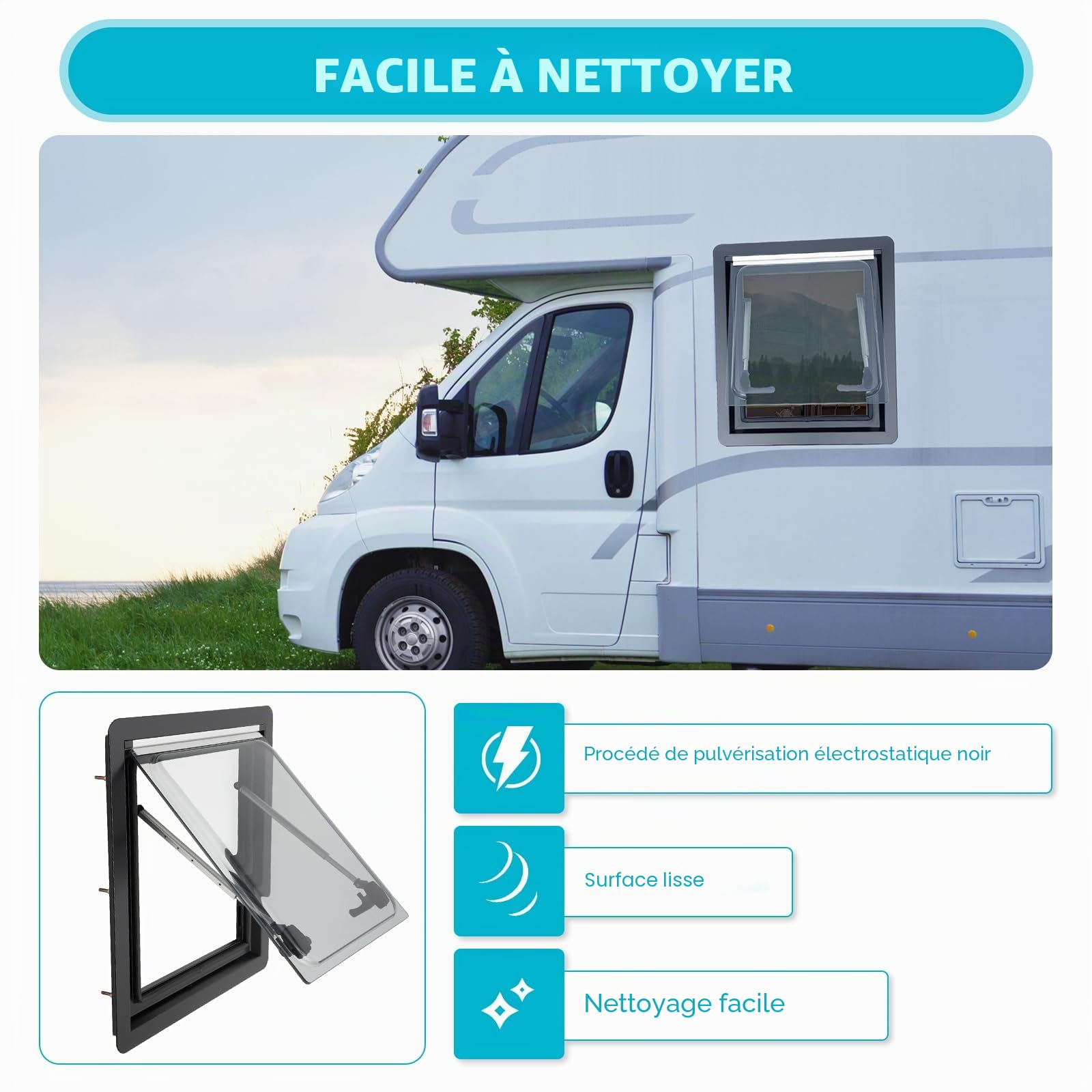 Fenêtre latérale pour caravane, 45x50 cm, fenêtre escamotable à ouverture pousser-tirer avec protection contre les insectes, protection visuelle, store occultant, pour caravanes, camping-cars et