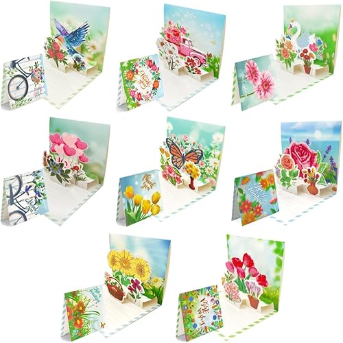 LUSandy 8 paquetes de tarjetas de flores con pintura de diamantes 5D para adultos, tarjetas de felicitación 3D emergentes con tulipán, rosa,