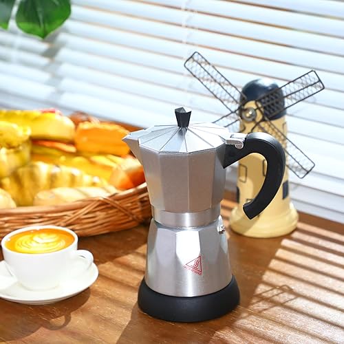 Miniatura 7 de Cafetera eléctrica de 6 tazas de café expreso italiano, máquina de café expreso de aluminio portátil de 10.1 fl oz, cafetera moka con base