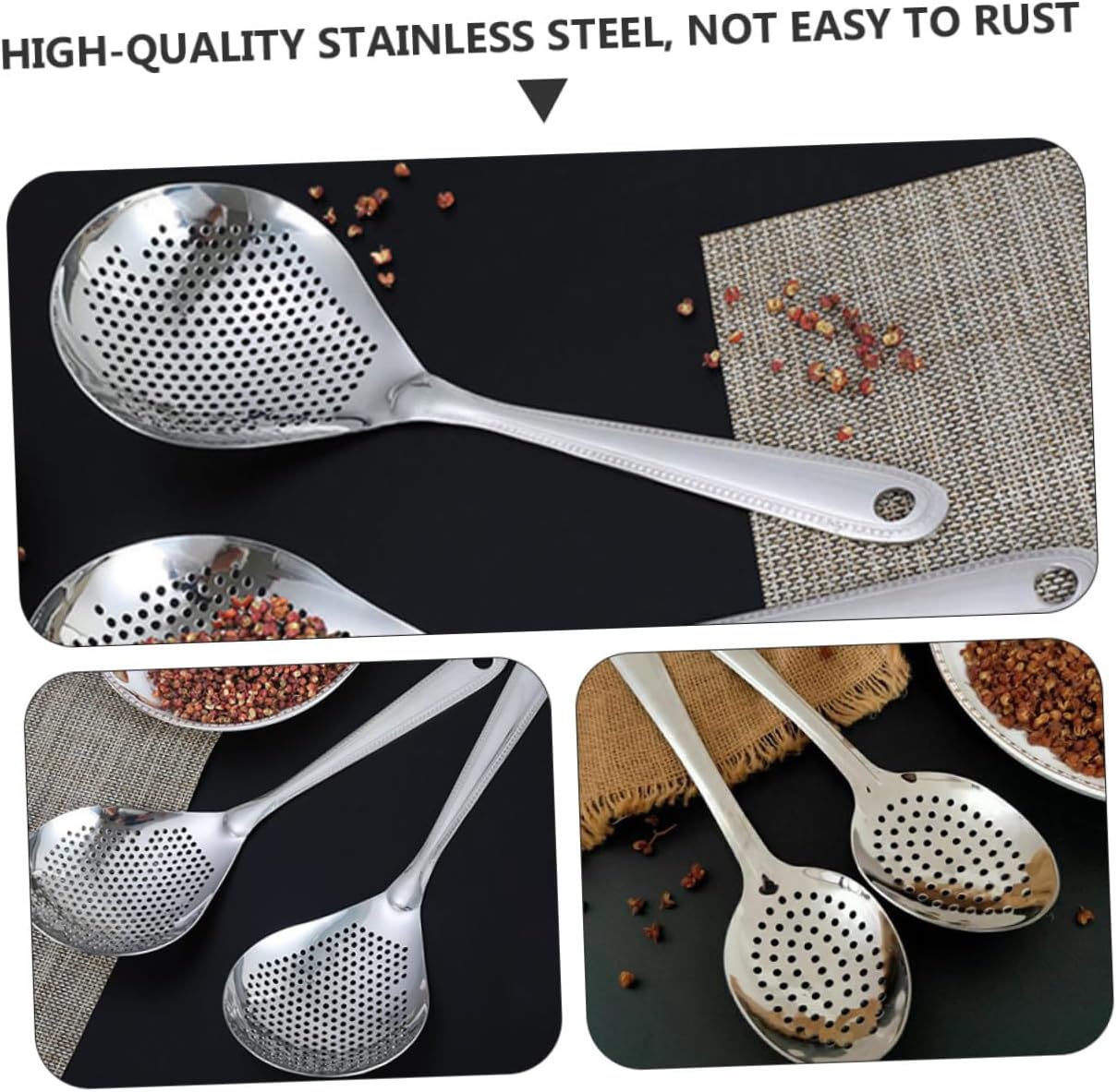 Stainless Steel Slotted Spoon with Hook Handle for Hot Pot Skimming