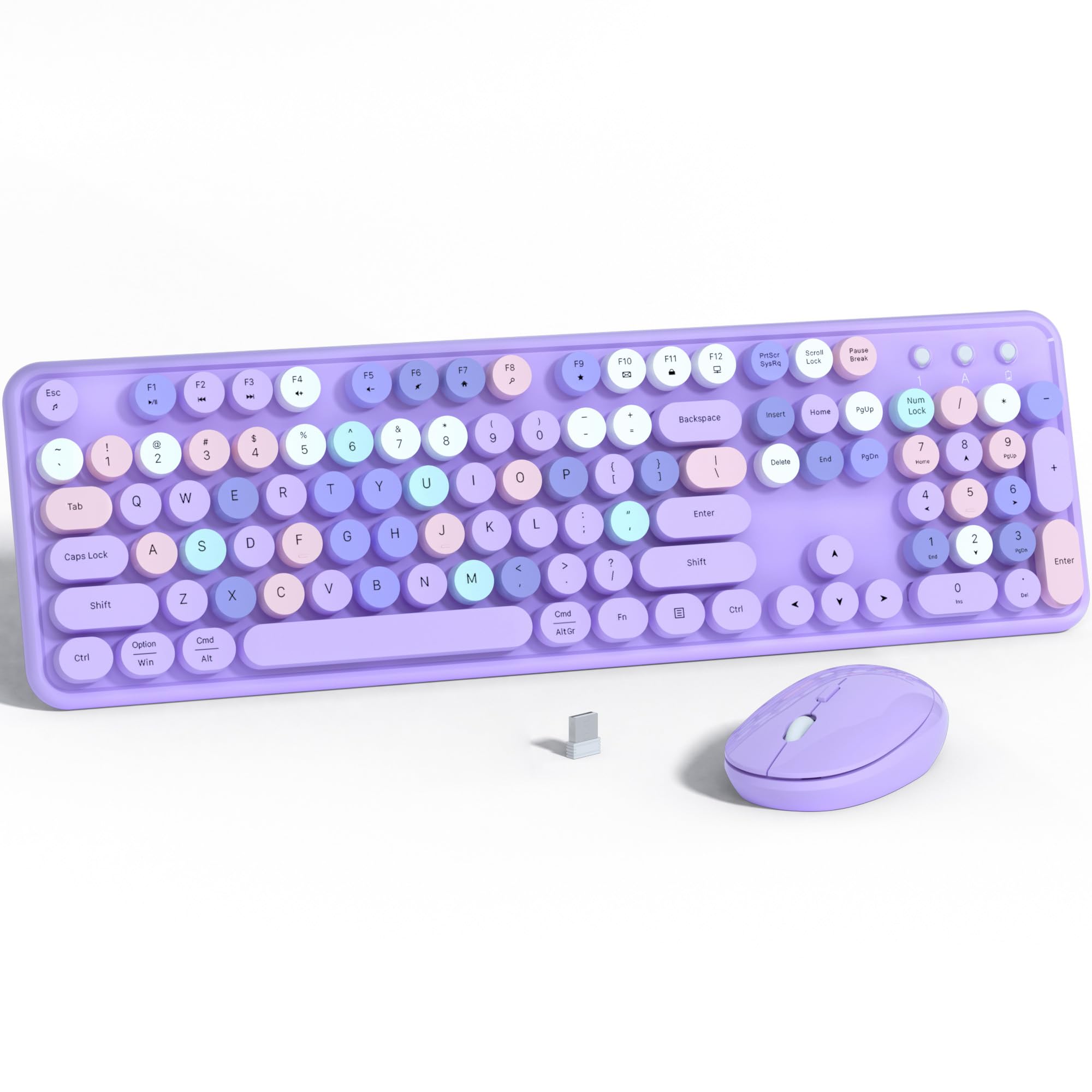 Wireless Computer Keyboard and Mouse Combo, NEOBELLA Purple Colorful Typewriter Floating Round Keycaps USB Receiver Keyboard and Mouse Set with Power Switch for PC Laptop Tablet(Purple-Colorful)