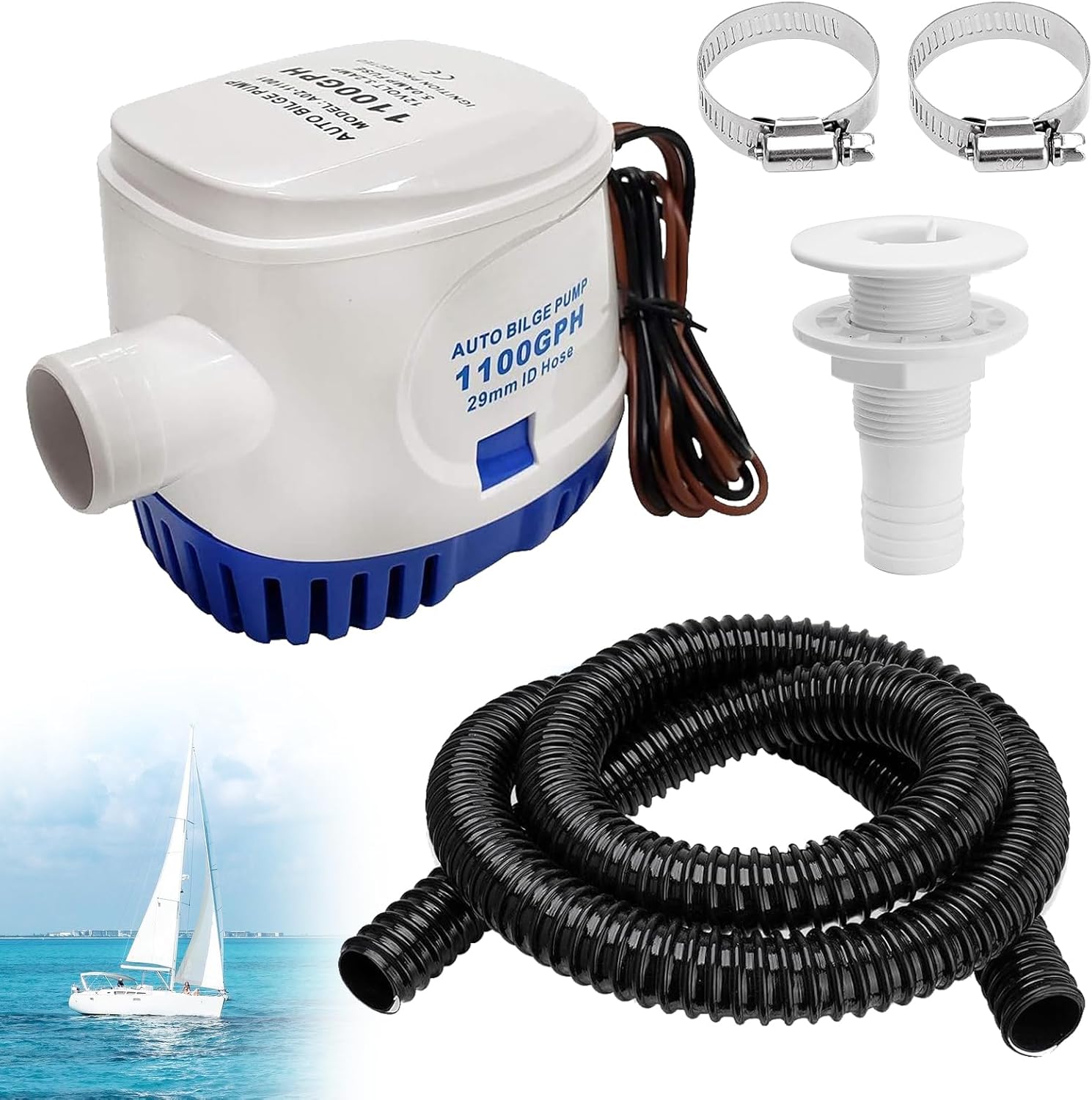 1100 GPH Automatic Boat Bilge Water Pump 12V, 1-1/8 Inch Dia Bilge Pump Plumbing Kit with 6FT Hose, 2 Clamps, Thru-Hull Fitting, Ideal for Fishing Boats, Cruisers, Runabouts, Yachts