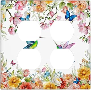 Decorative Light Switch Cover Plate Hummingbird Spring Floral 2 Gang Socket Covers Double Duplex Wallplates Switch Plates and Outlet Covers for Bathroom Bedroom Decor