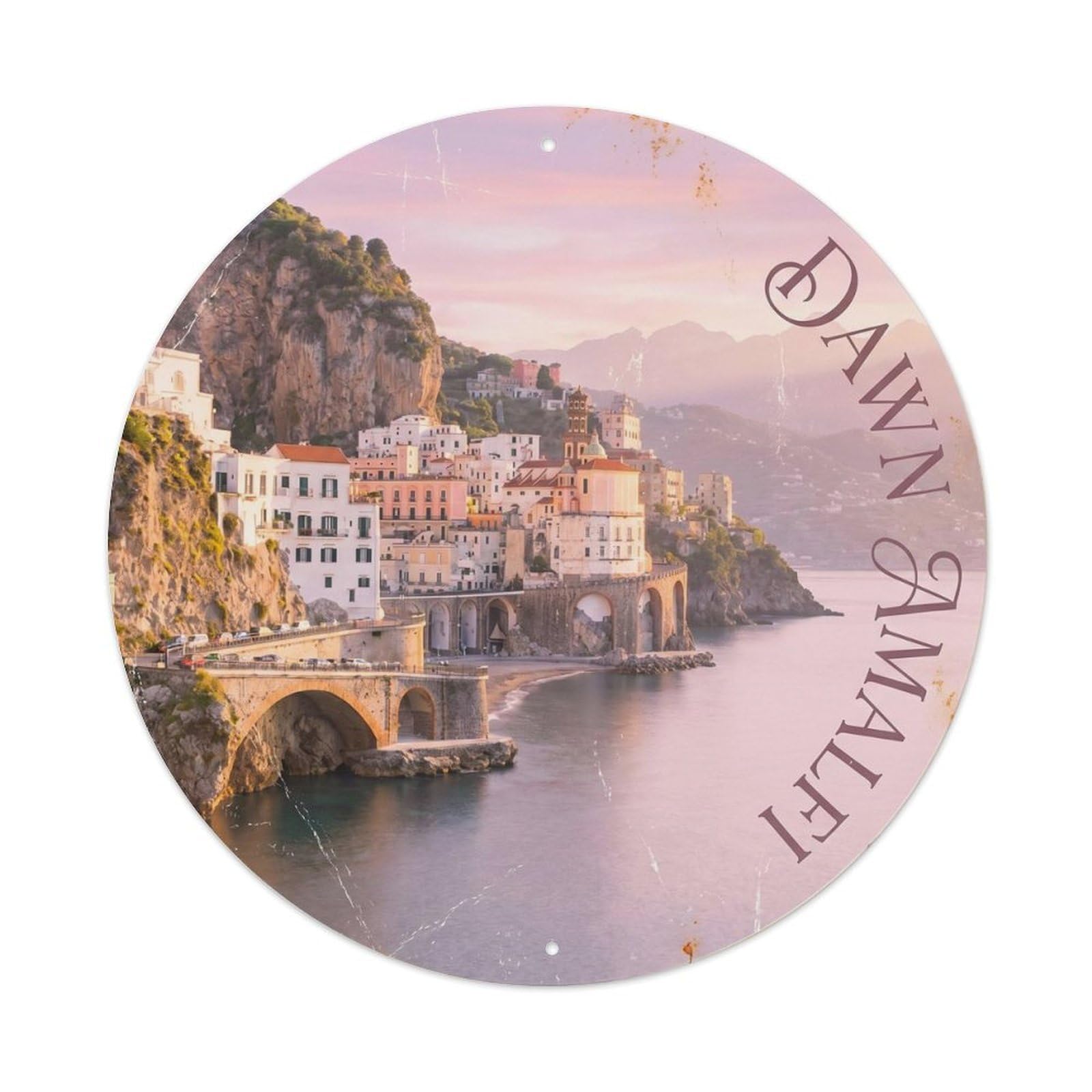 Coastal Amalfi Dawn Morning Travel Riviera Panorama Landscape Metal Tin Sign Plaque Wall Decor for Cafe, Man Cave, Club Bar, Office, Home Garden Round Metal Poster 8x8Inch