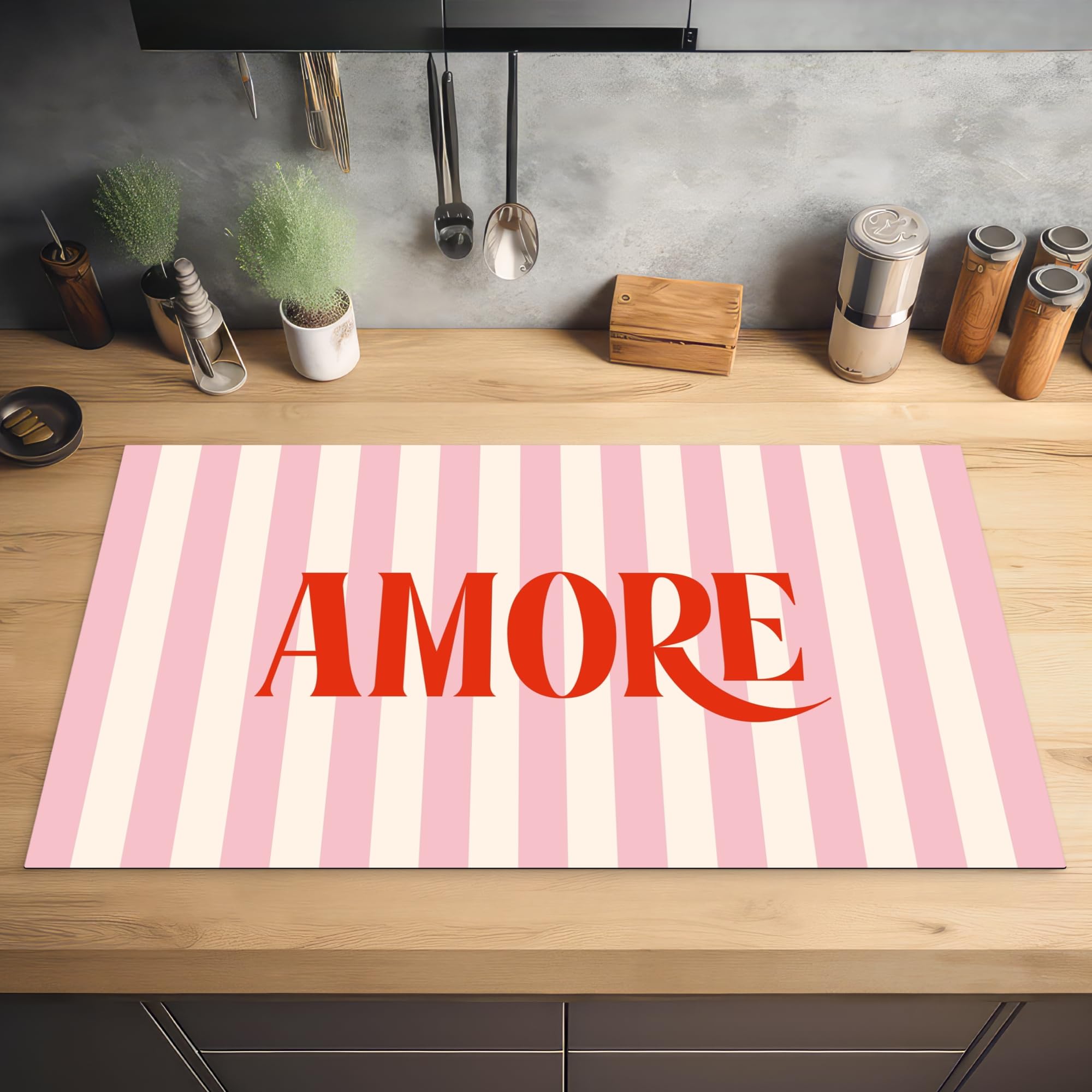 "KitchenYeah© Copri Piano Cottura 89x51 cm Cucina Coprifornelli Tappetino per Induzione Fornello Tutto la CucinaRosa tenue - Rosso - A righe - Amore"