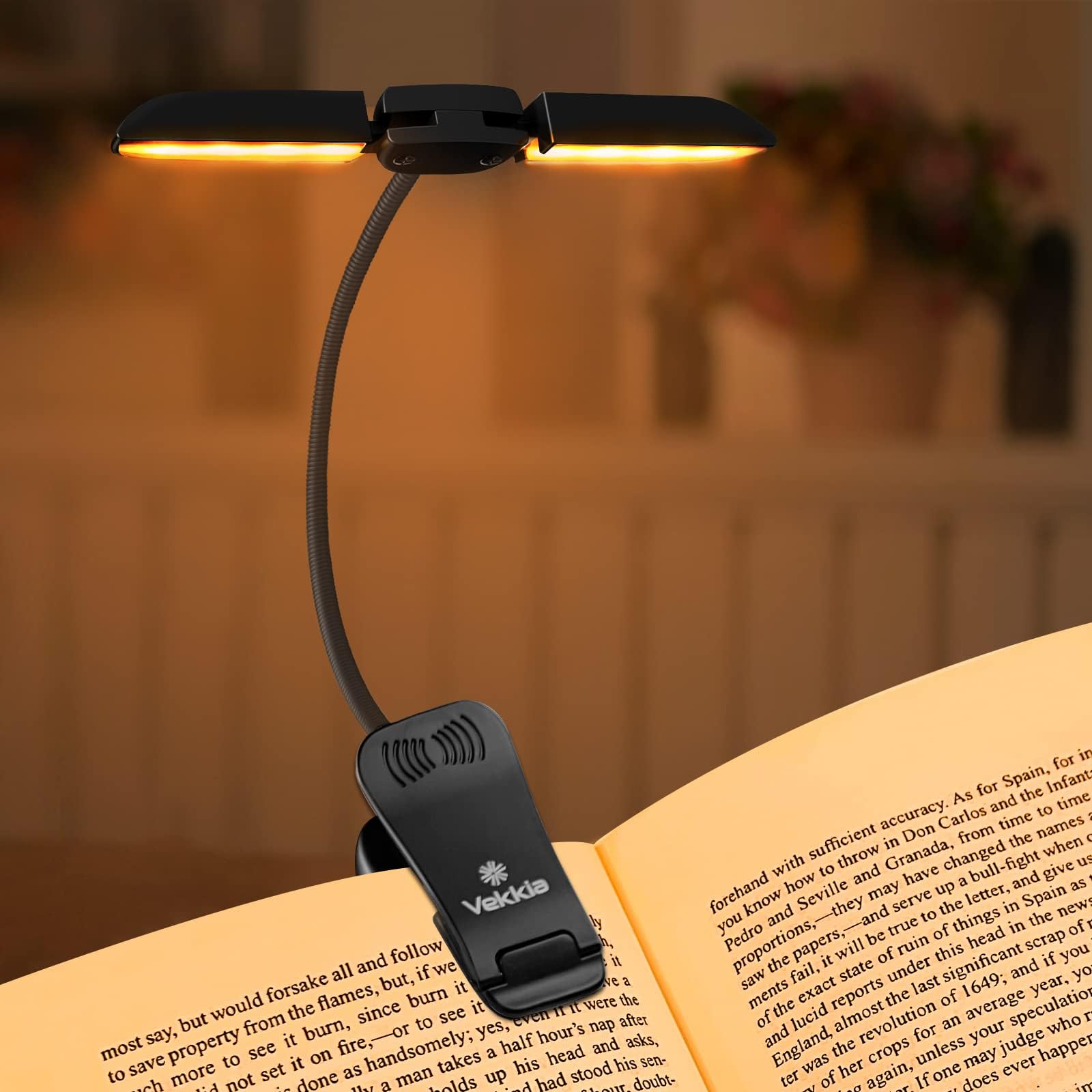 Vekkia 14 LED Rechargeable Amber Book Light for Reading at Night, Eye-Care Reading Light for Books in Bed, 180° Adjustable, Clip on Lamp, 3 Color Temperatures, Lightweight, Present for Reader