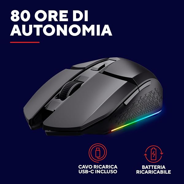 GXTrust 1108 Vylax Mouse Gaming Wireless Ricaricabile, 80 Ore di Autonomia, 800-4800 DPI, Illuminazione LED, Ricevitore USB Riponibile, 6 Pulsanti, Mouse Senza Fili RGB per Computer Laptop, Nero - 3