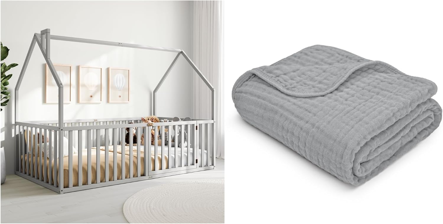Comfy Cubs Kids House Gated Floor Bed and Muslin Baby Blanket Bundled