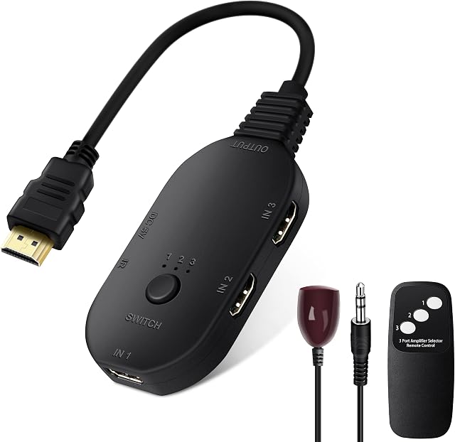 HDMI Switch 4K, HDMI Switch 3 in 1 out HDMI Multi Connector HDMI Splitter HDMI Switcher with Remote Supports 4K 3D 1080P UHD for PS5/4/3 Sky Box Apple TV Fire Stick Laptop Xbox Blu-ray/DVD Player