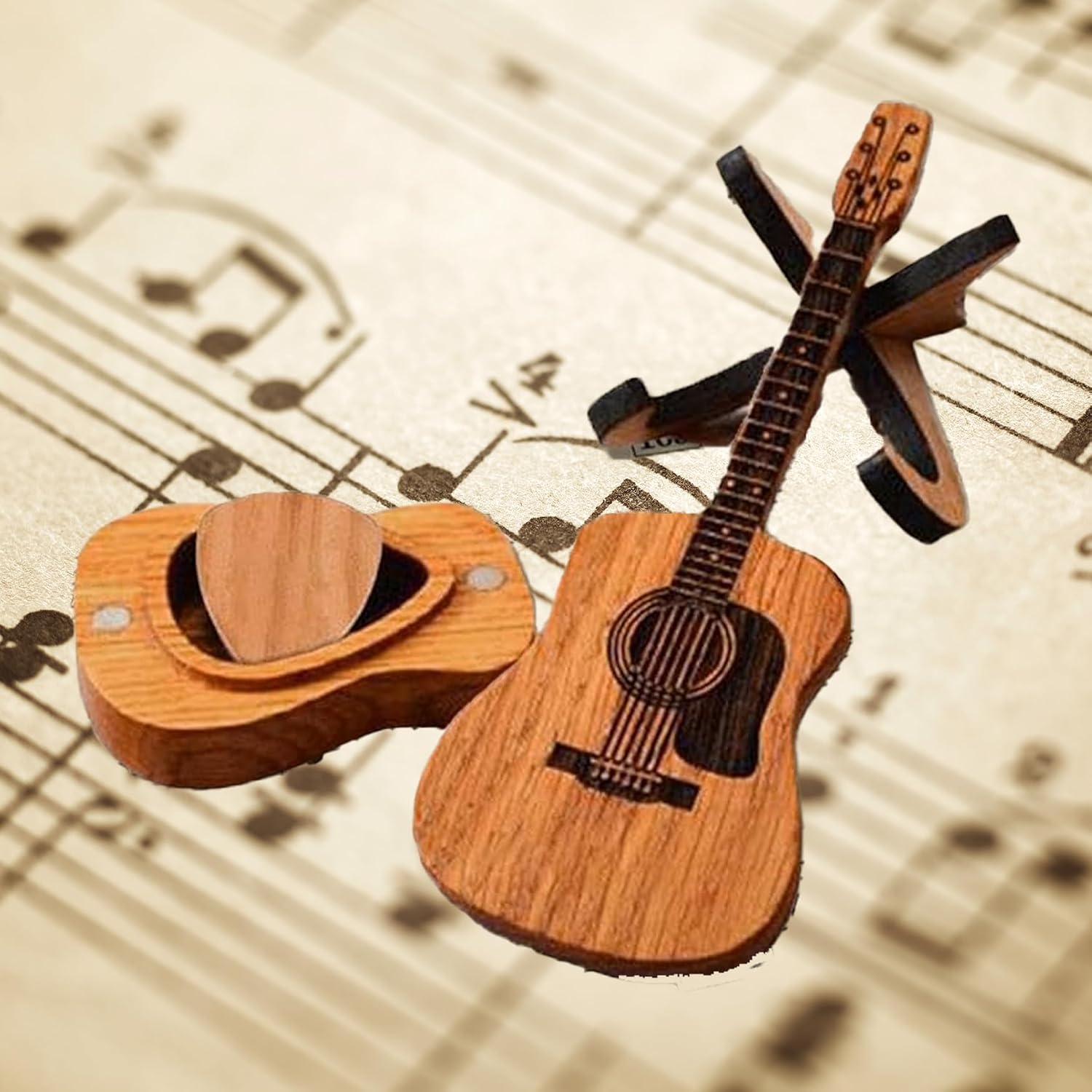 Wooden Guitar Pick Box with 3 Pcs Picks, Engraved Mini Storage Case for Acoustic Electric Bass Guitar Ukulele, Gift for Guitarists Musicians (1) image 4