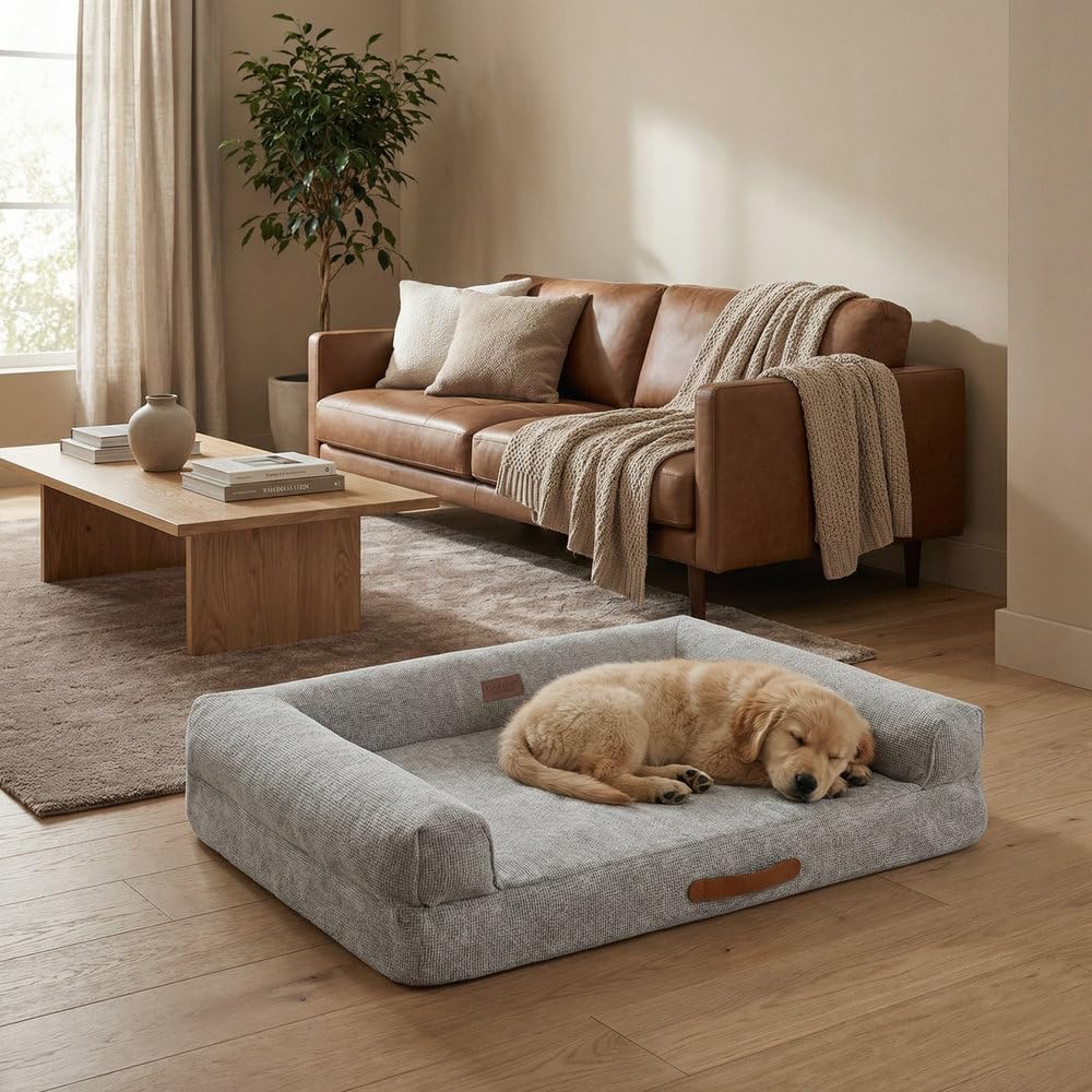Cama Sofá Lounge para Perros y Gatos Grandes, Cama Acolchada con Laterales Elevados y Asa, 103 x 68 x 22 cm, Gris Mist
