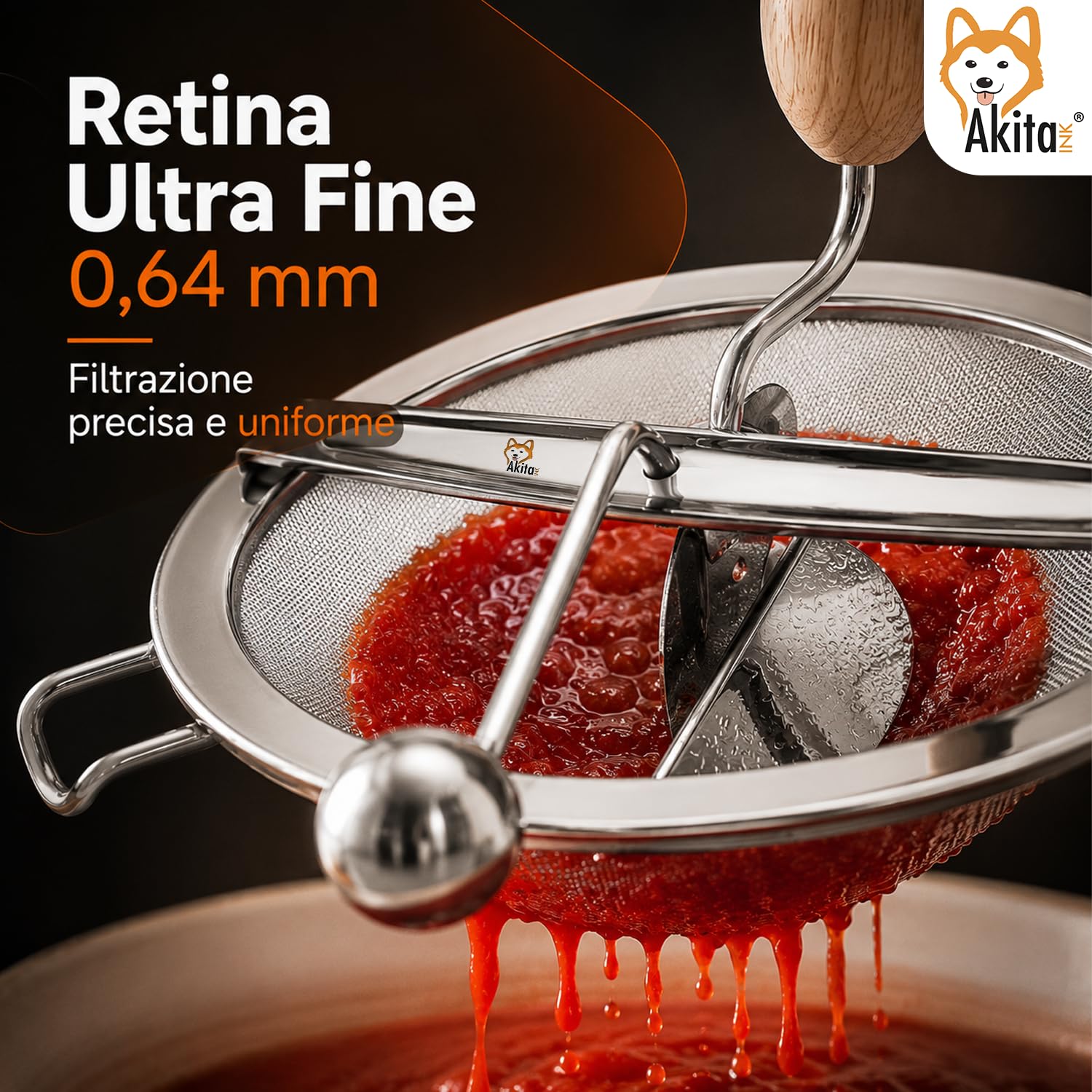 Akitaink Passacolino 20 cm con Retina 0,64 mm, Setaccio Manuale per Marmellate, Farina, Verdure, Frutta e Legumi